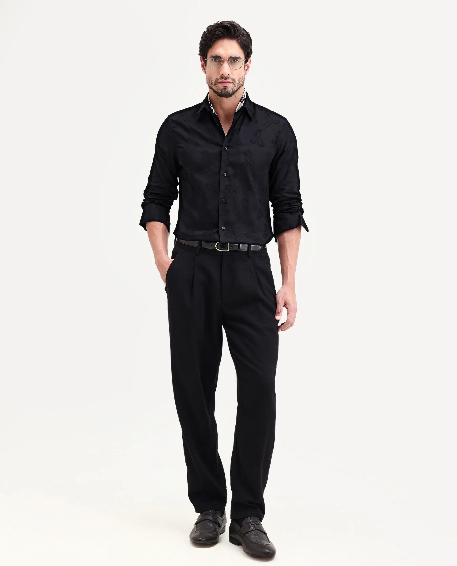 Rare Rabbit Men's Alvo Black Viscose Blend Fabric Full Sleeve Spread Collar Regular Fit Jacquard Shirt