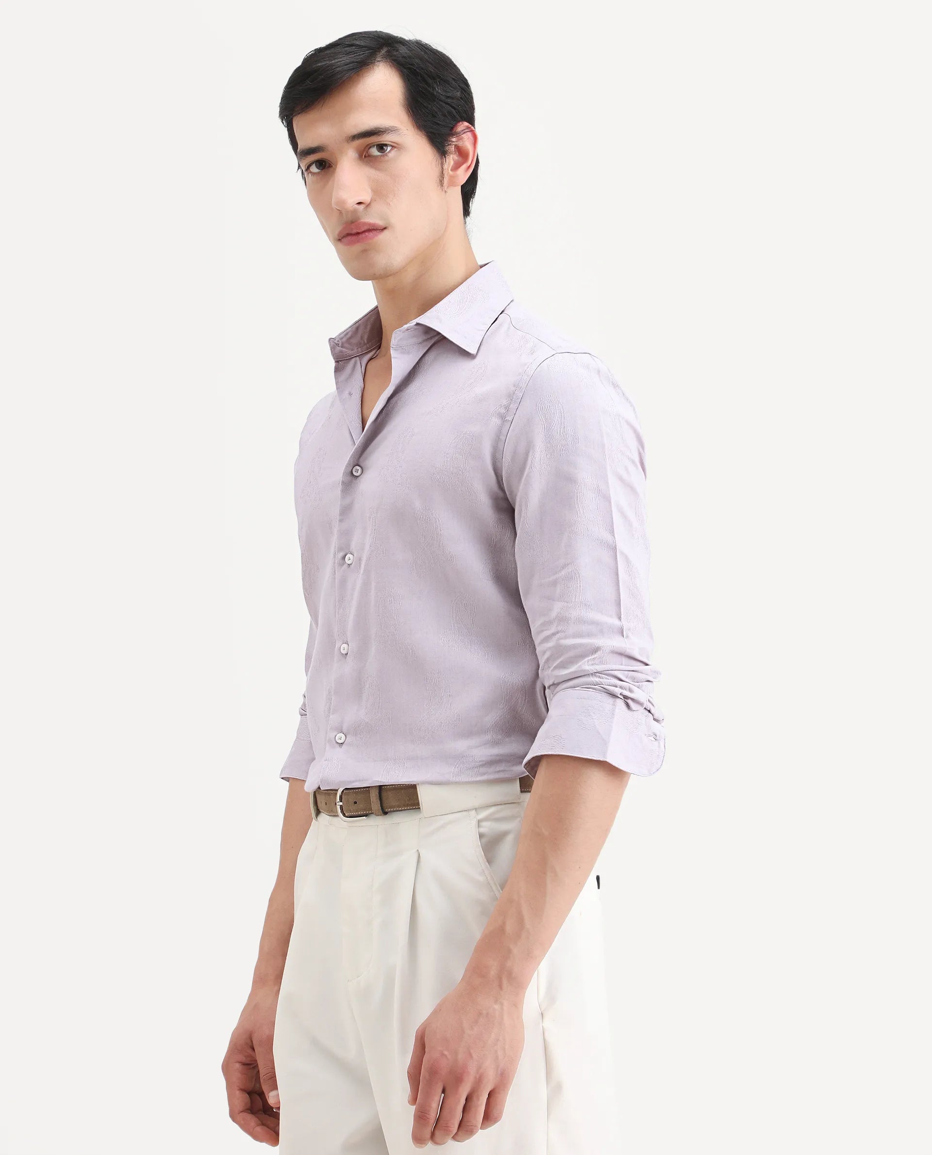 Rare Rabbit Men's Alvo Purple Viscose Fabric Full Sleeve Spread Collar Regular Fit Jacquard Shirt