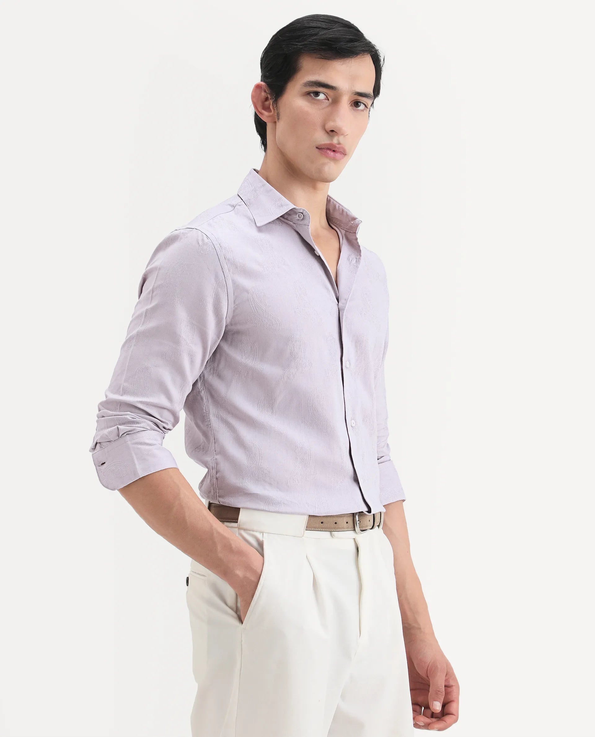 Rare Rabbit Men's Alvo Purple Viscose Fabric Full Sleeve Spread Collar Regular Fit Jacquard Shirt