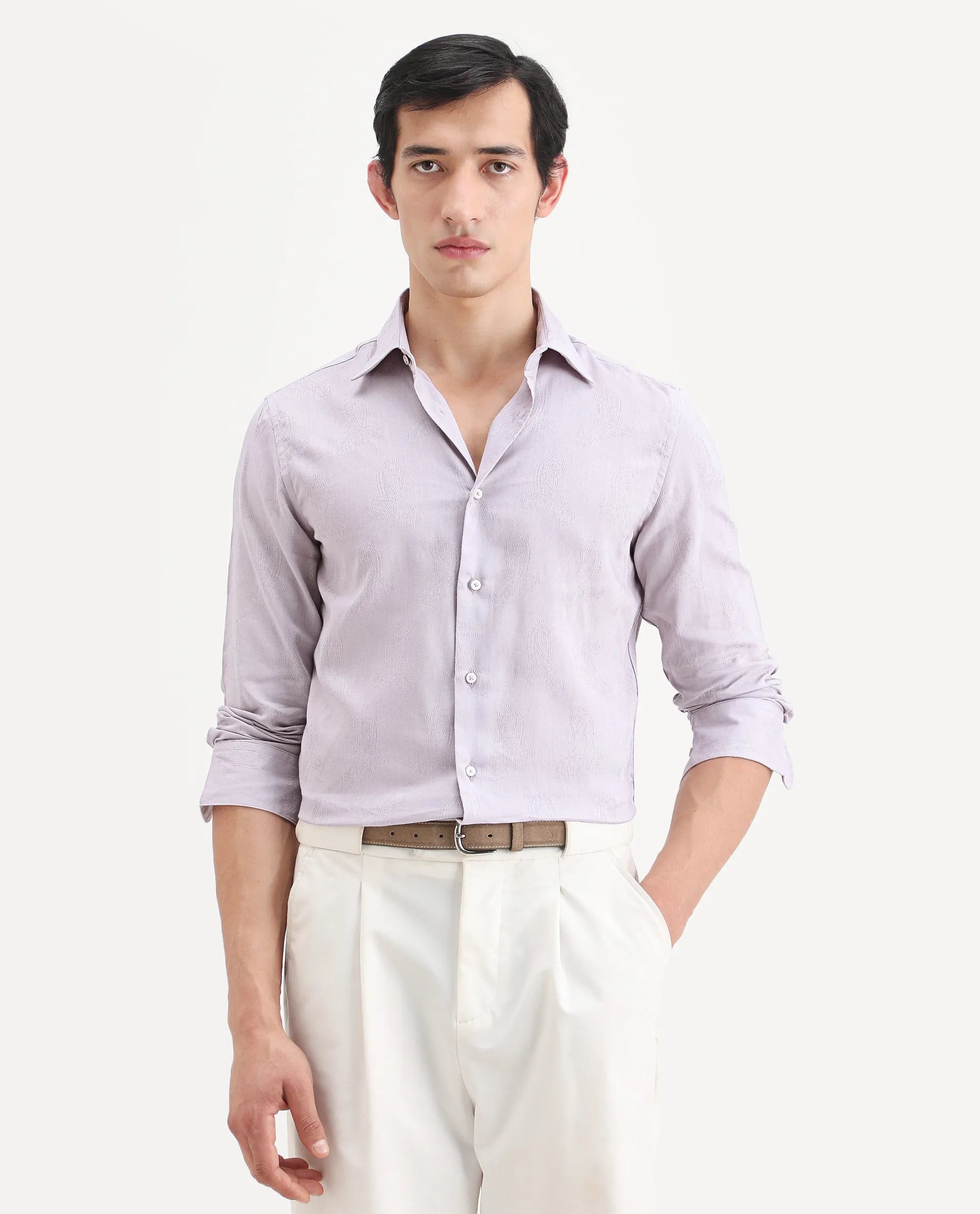 Rare Rabbit Men's Alvo Purple Viscose Fabric Full Sleeve Spread Collar Regular Fit Jacquard Shirt