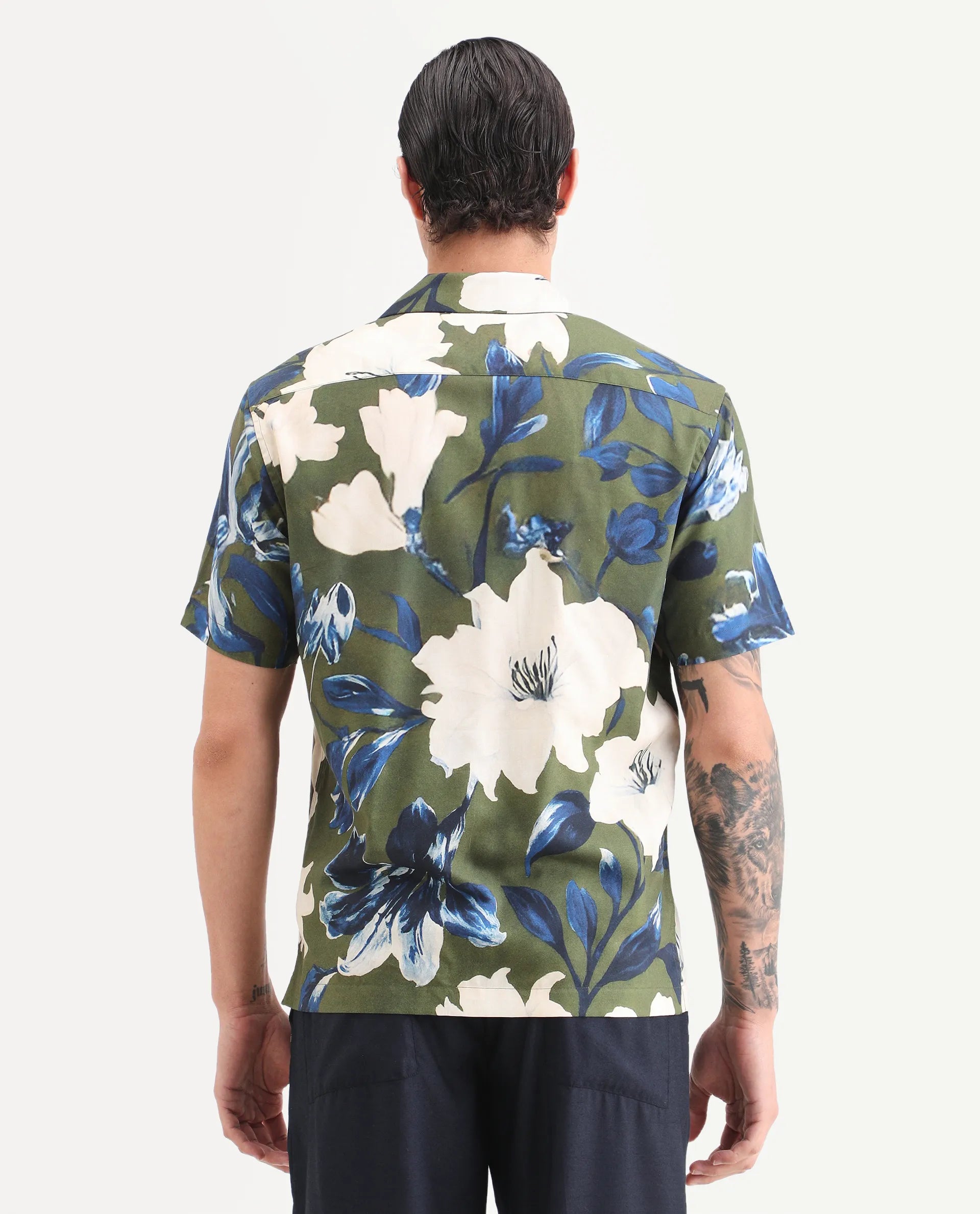Rare Rabbit Men's Aric Green Cotton Blend Fabric Half Sleeve Cuban Collar Regular Fit Tropical Print Shirt