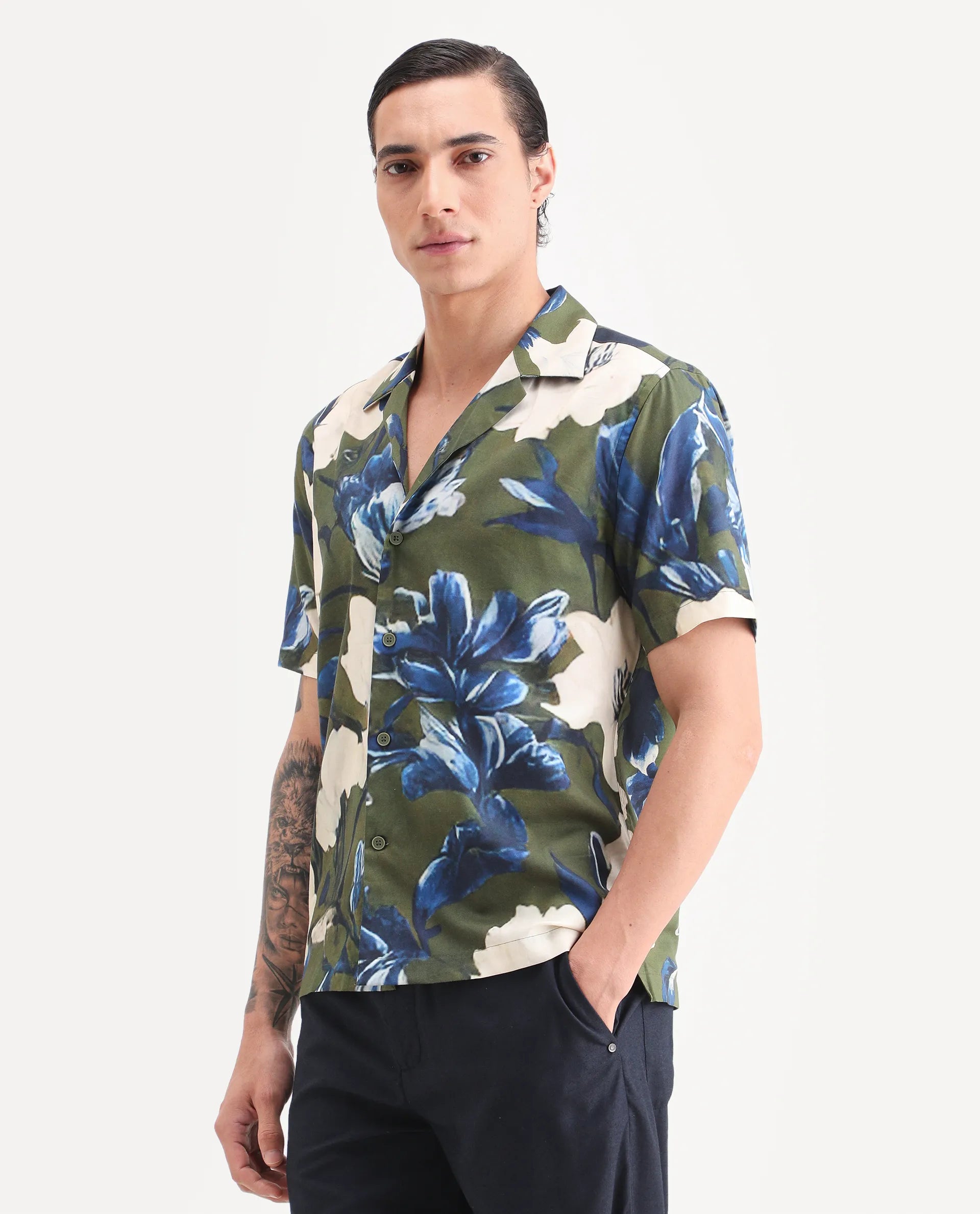 Rare Rabbit Men's Aric Green Cotton Blend Fabric Half Sleeve Cuban Collar Regular Fit Tropical Print Shirt