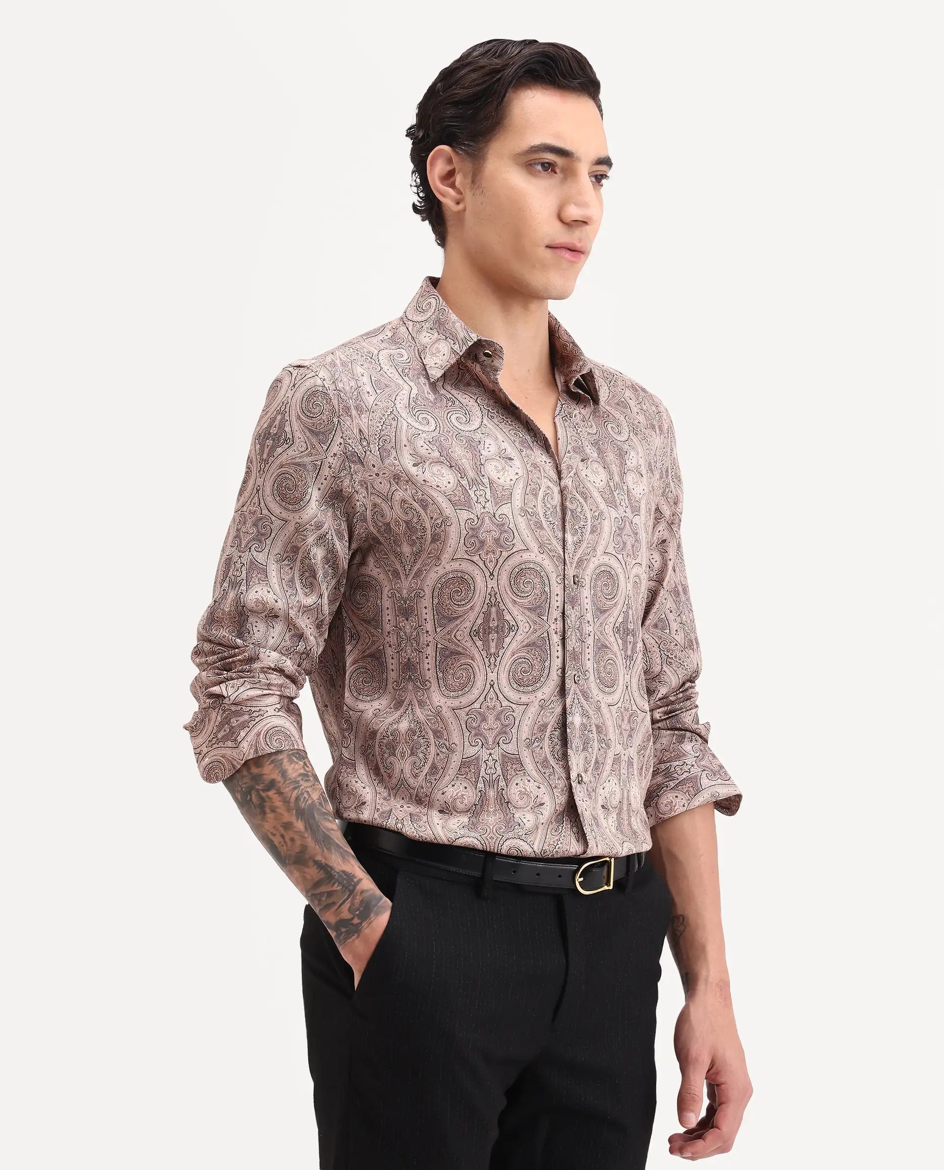 Rare Rabbit Men's Qaiz Dusky Beige Cotton Blend Fabric Full Sleeve Spread Collar Regular Fit Paisley Print Shirt