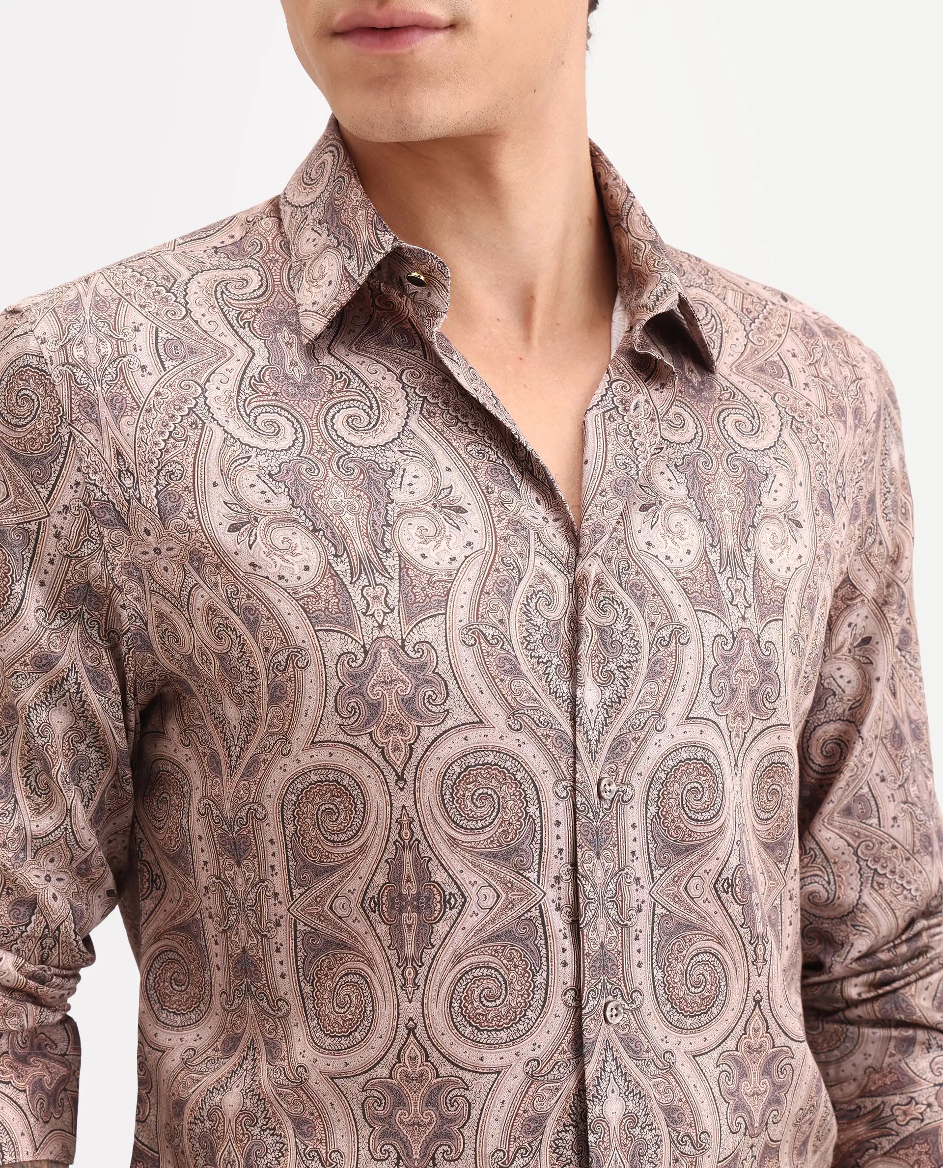 Rare Rabbit Men's Qaiz Dusky Beige Cotton Blend Fabric Full Sleeve Spread Collar Regular Fit Paisley Print Shirt