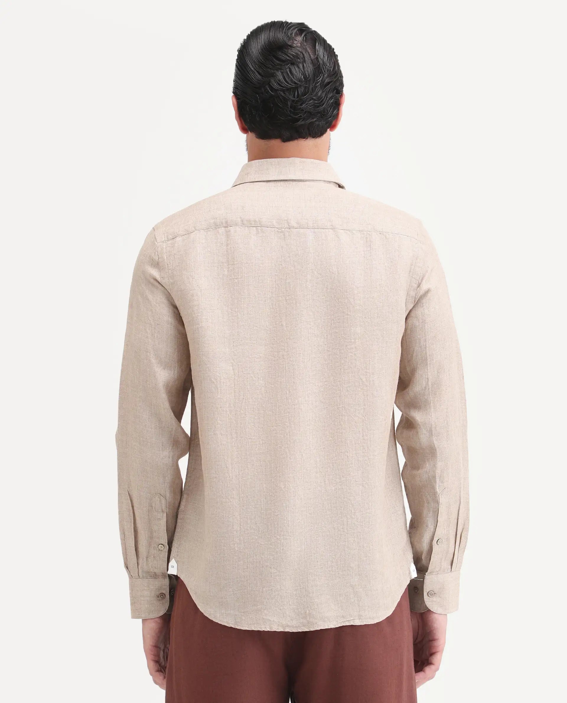 Rare Rabbit Men's Borium-26 Beige 100% Linen Full Sleeve Spread Collar Regular Fit Plain Shirt