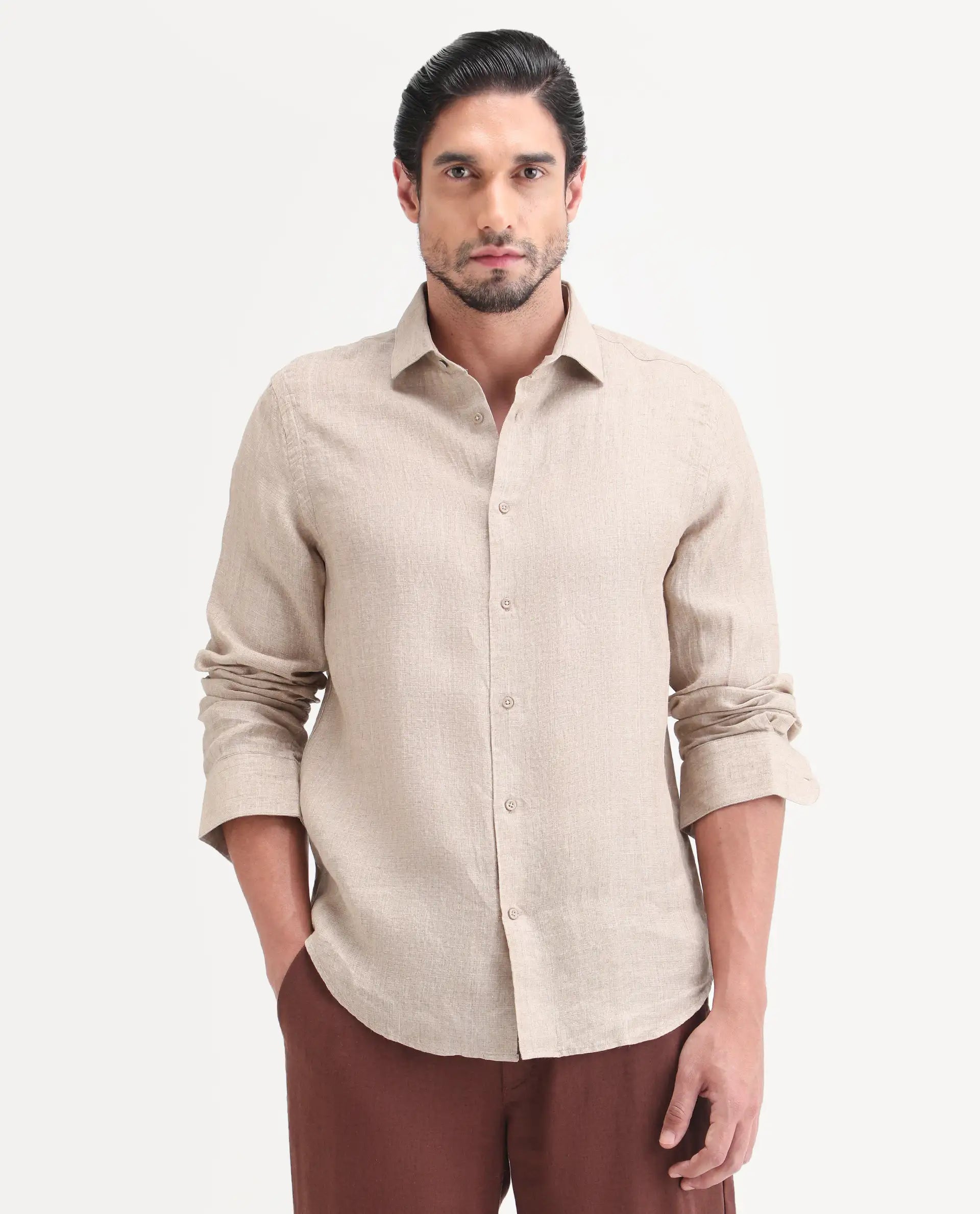 Rare Rabbit Men's Borium-26 Beige 100% Linen Full Sleeve Spread Collar Regular Fit Plain Shirt