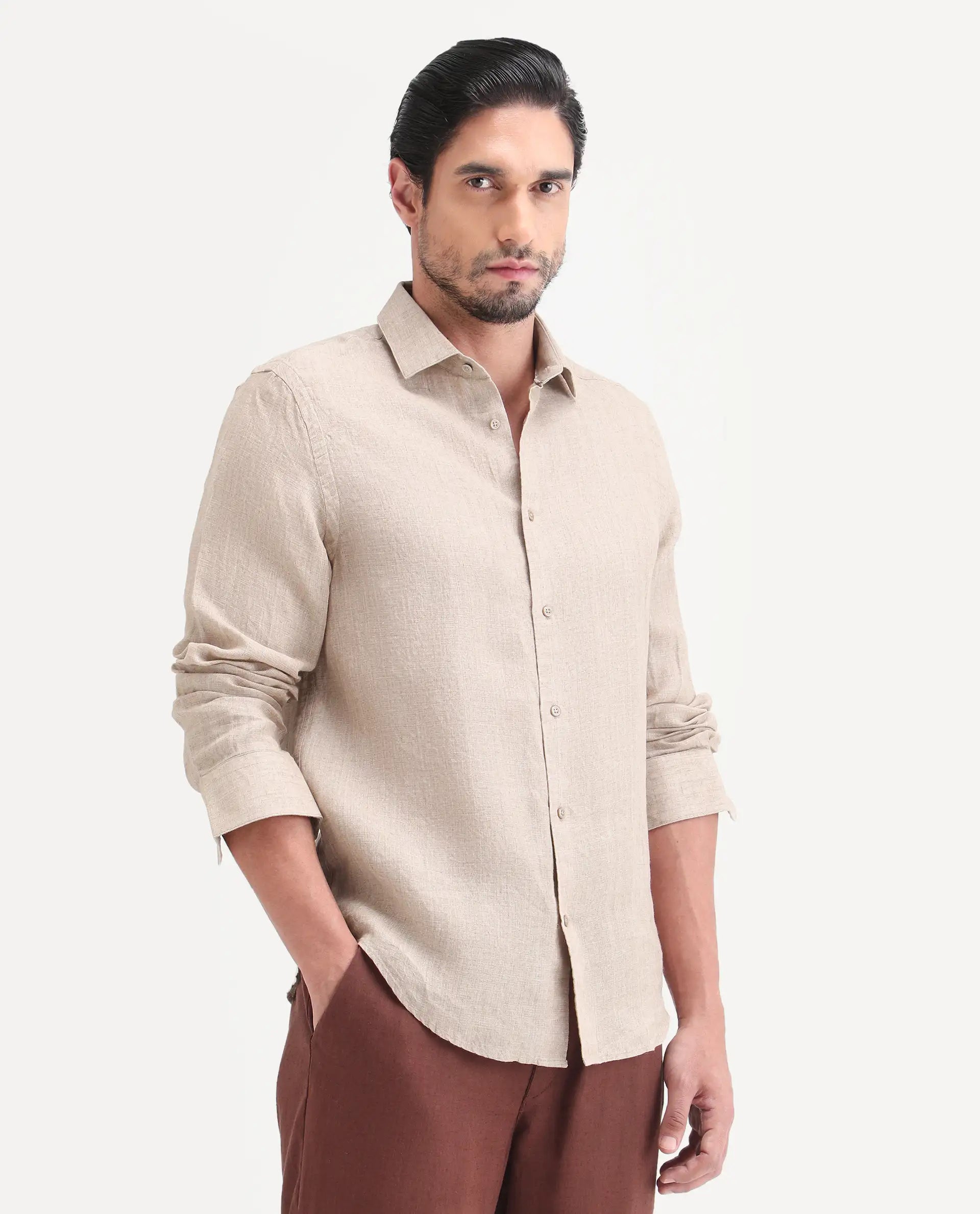 Rare Rabbit Men's Borium-26 Beige 100% Linen Full Sleeve Spread Collar Regular Fit Plain Shirt
