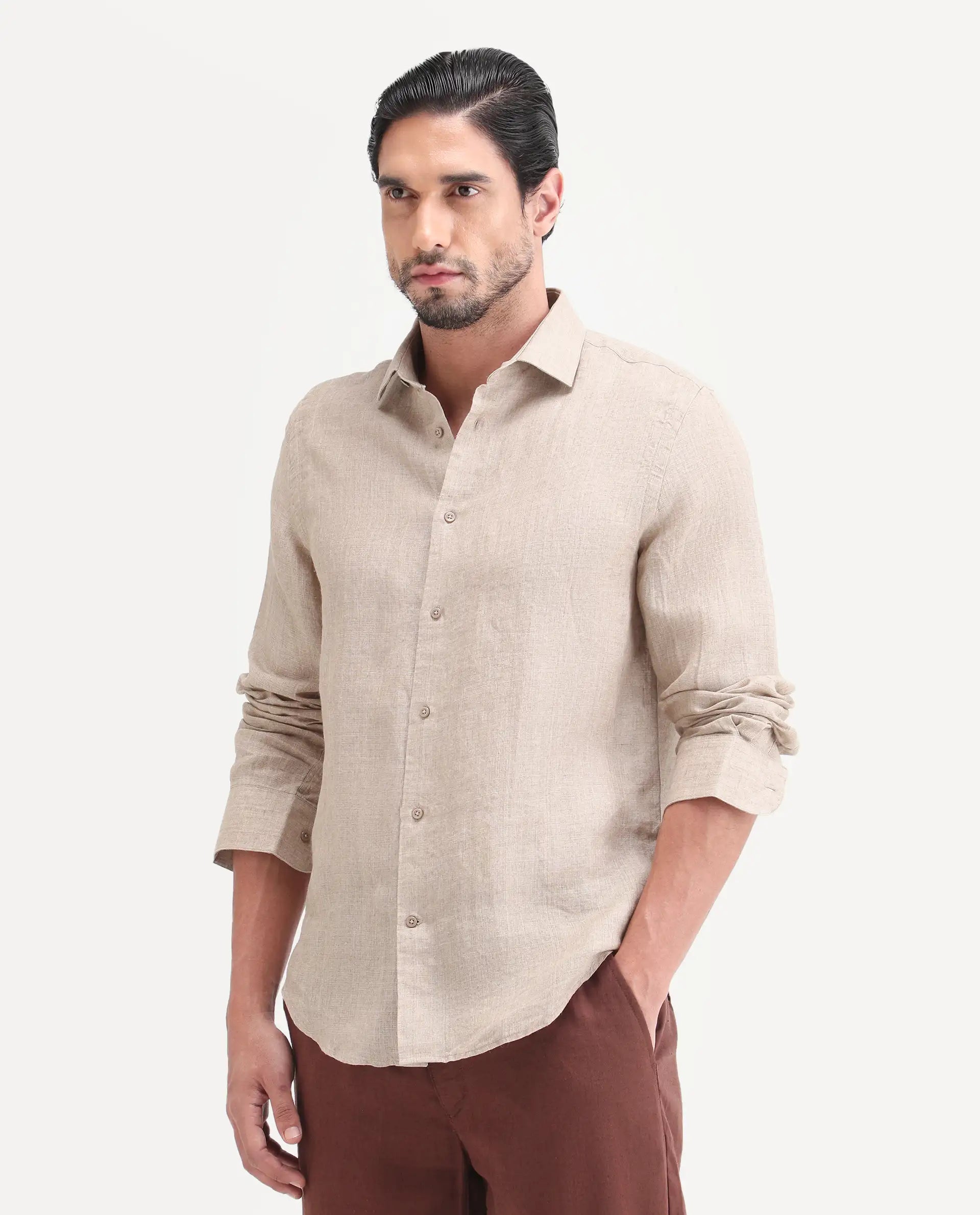 Rare Rabbit Men's Borium-26 Beige 100% Linen Full Sleeve Spread Collar Regular Fit Plain Shirt