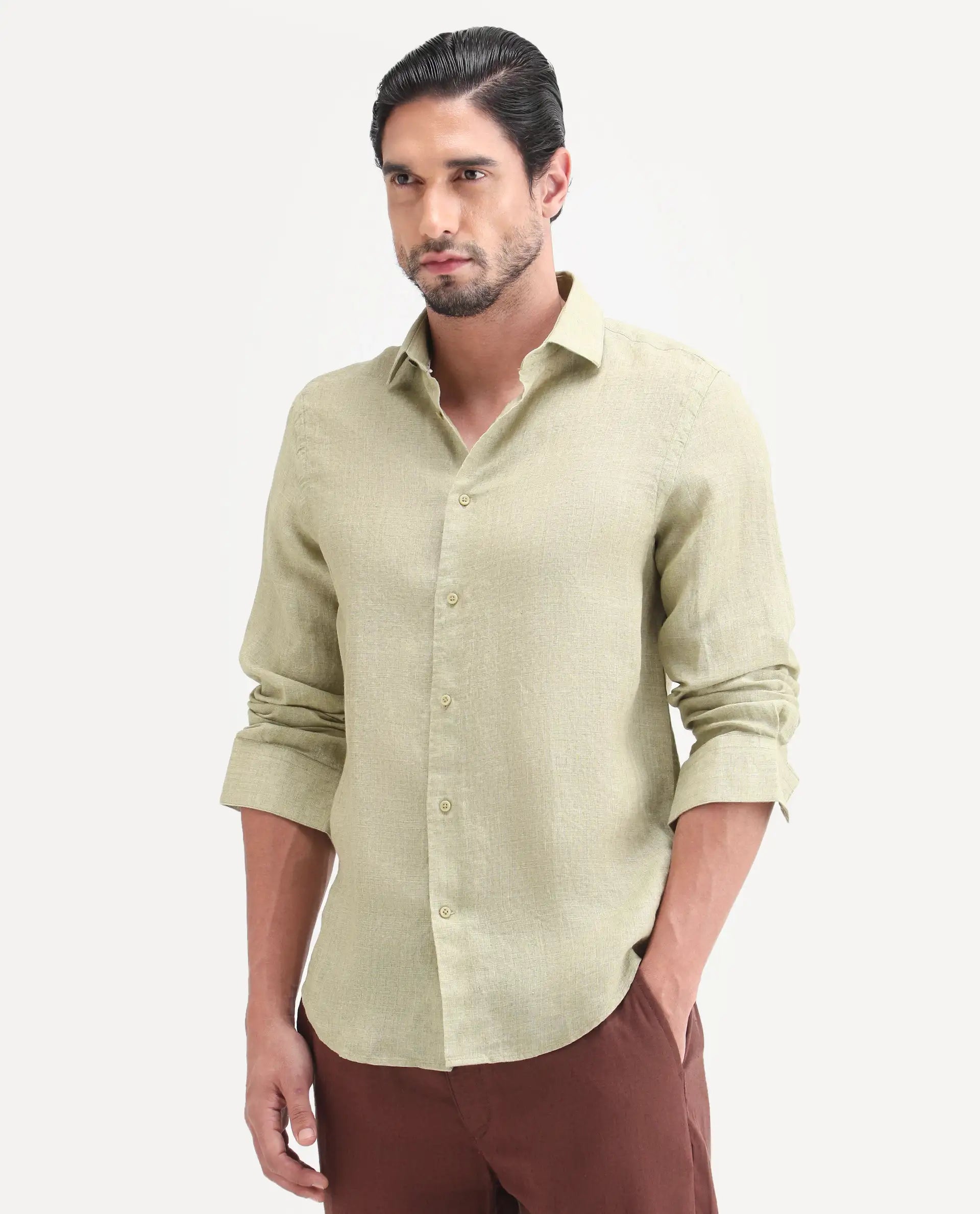Rare Rabbit Men's Borium-26 Light Green 100% Linen Full Sleeve Spread Collar Regular Fit Plain Shirt