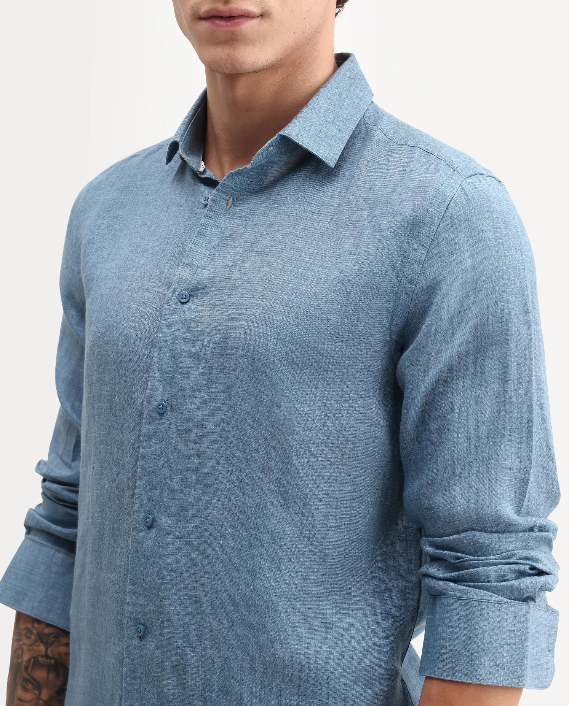 Rare Rabbit Men's Borium-26 Blue 100% Linen Full Sleeve Spread Collar Regular Fit Plain Shirt