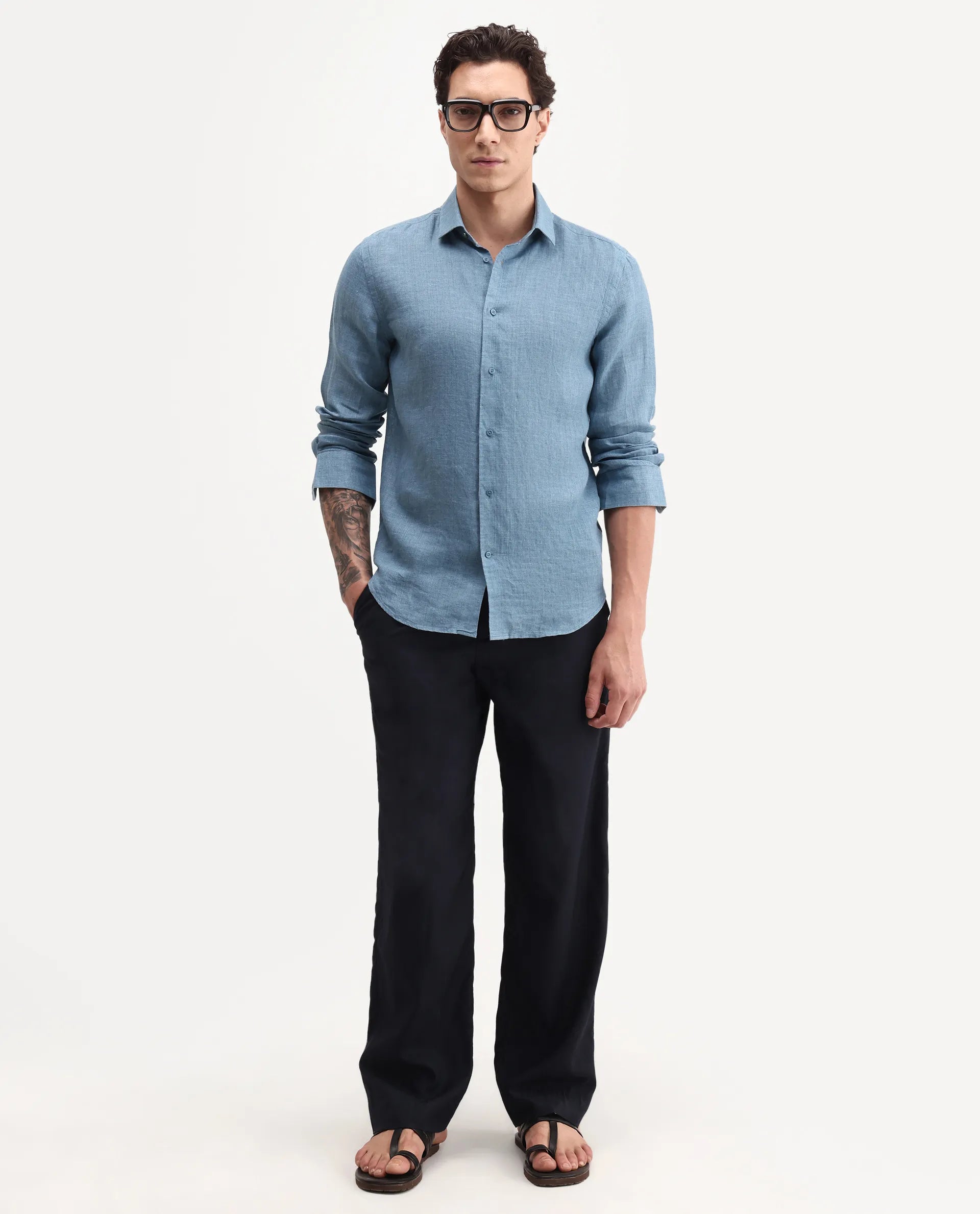 Rare Rabbit Men's Borium-26 Blue 100% Linen Full Sleeve Spread Collar Regular Fit Plain Shirt