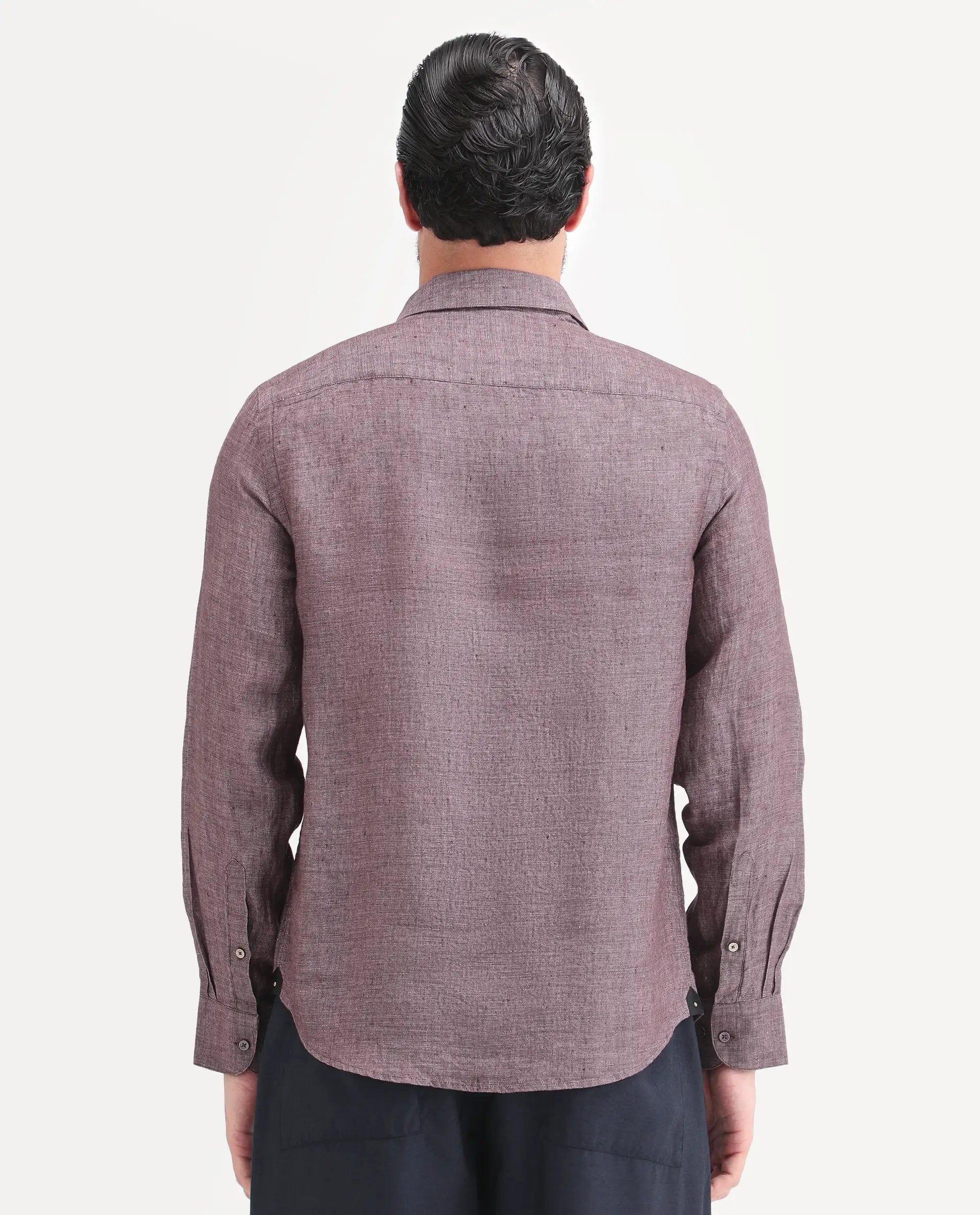 Rare Rabbit Men's Borium-D-26 Dark Purple 100% Linen Full Sleeve Spread Collar Regular Fit Plain Shirt