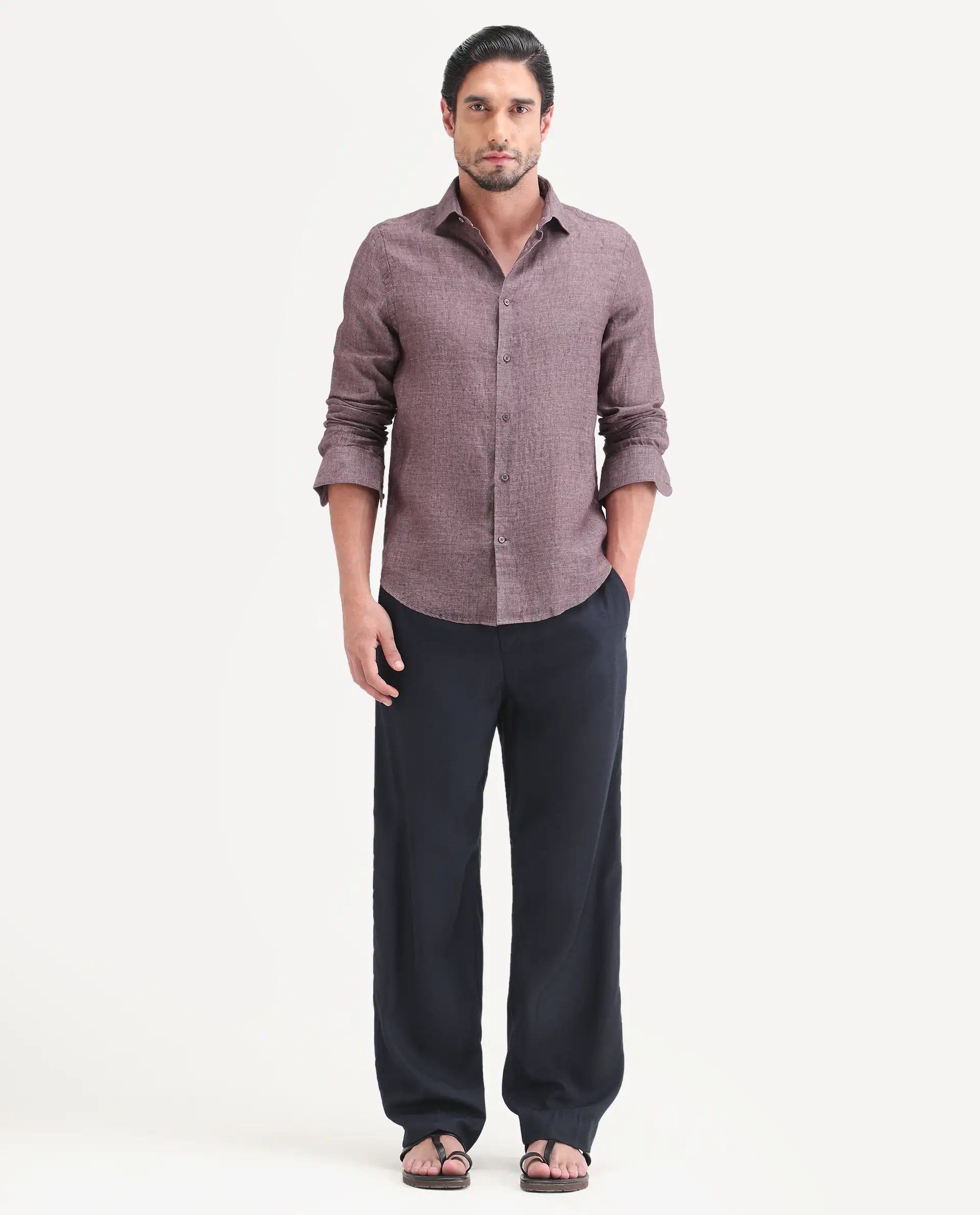 Rare Rabbit Men's Borium-D-26 Dark Purple 100% Linen Full Sleeve Spread Collar Regular Fit Plain Shirt