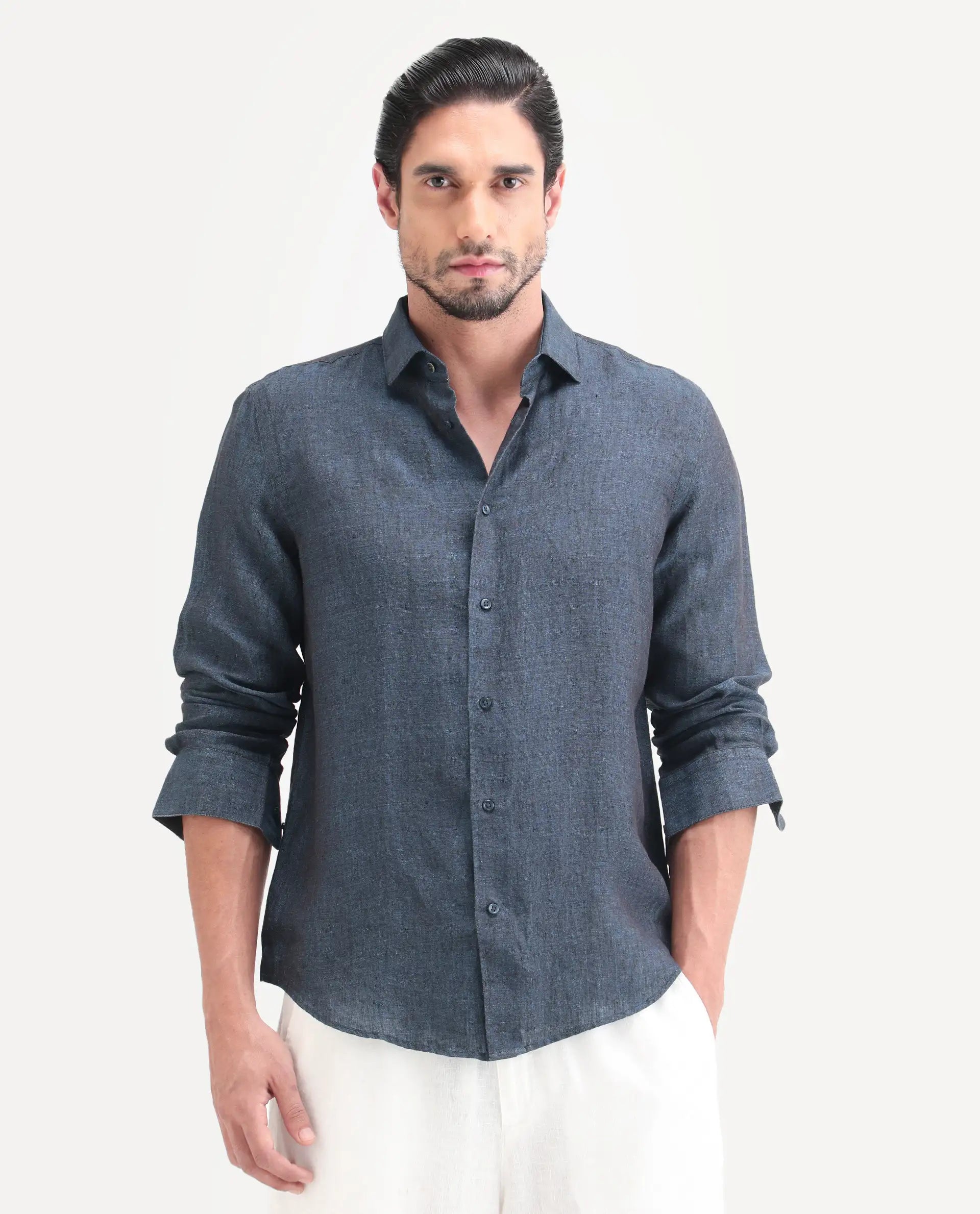 Rare Rabbit Men's Borium-D-26 Dark Blue 100% Linen Full Sleeve Spread Collar Regular Fit Plain Shirt