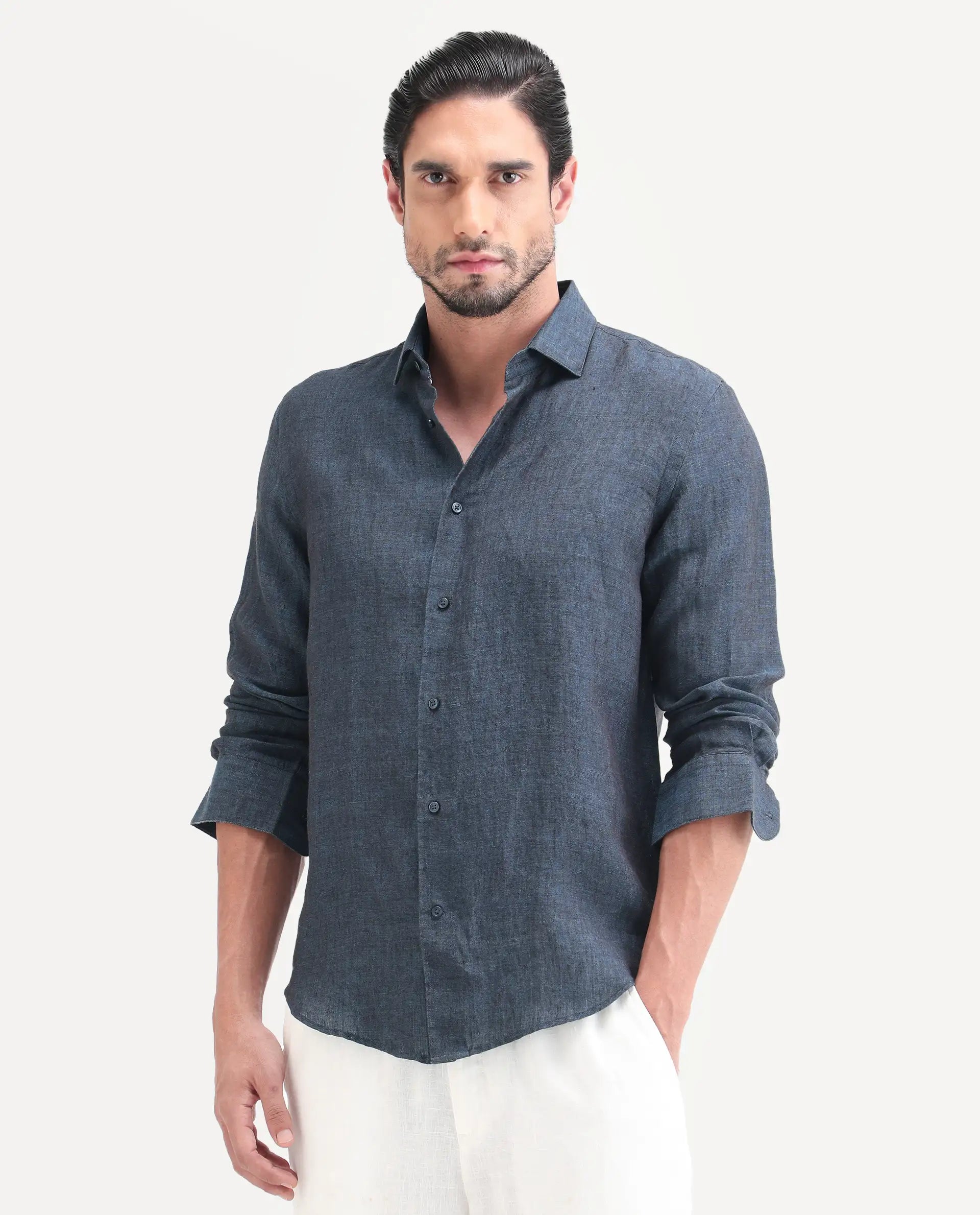 Rare Rabbit Men's Borium-D-26 Dark Blue 100% Linen Full Sleeve Spread Collar Regular Fit Plain Shirt