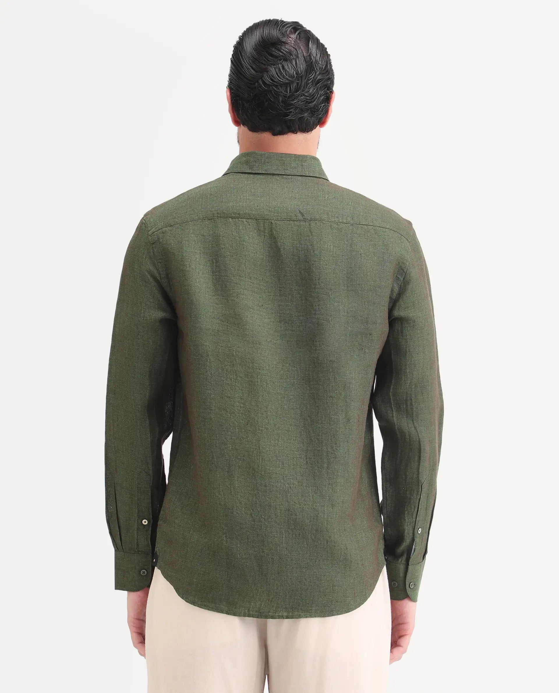 Rare Rabbit Men's Borium-D-26 Dark Green 100% Linen Full Sleeve Spread Collar Regular Fit Plain Shirt