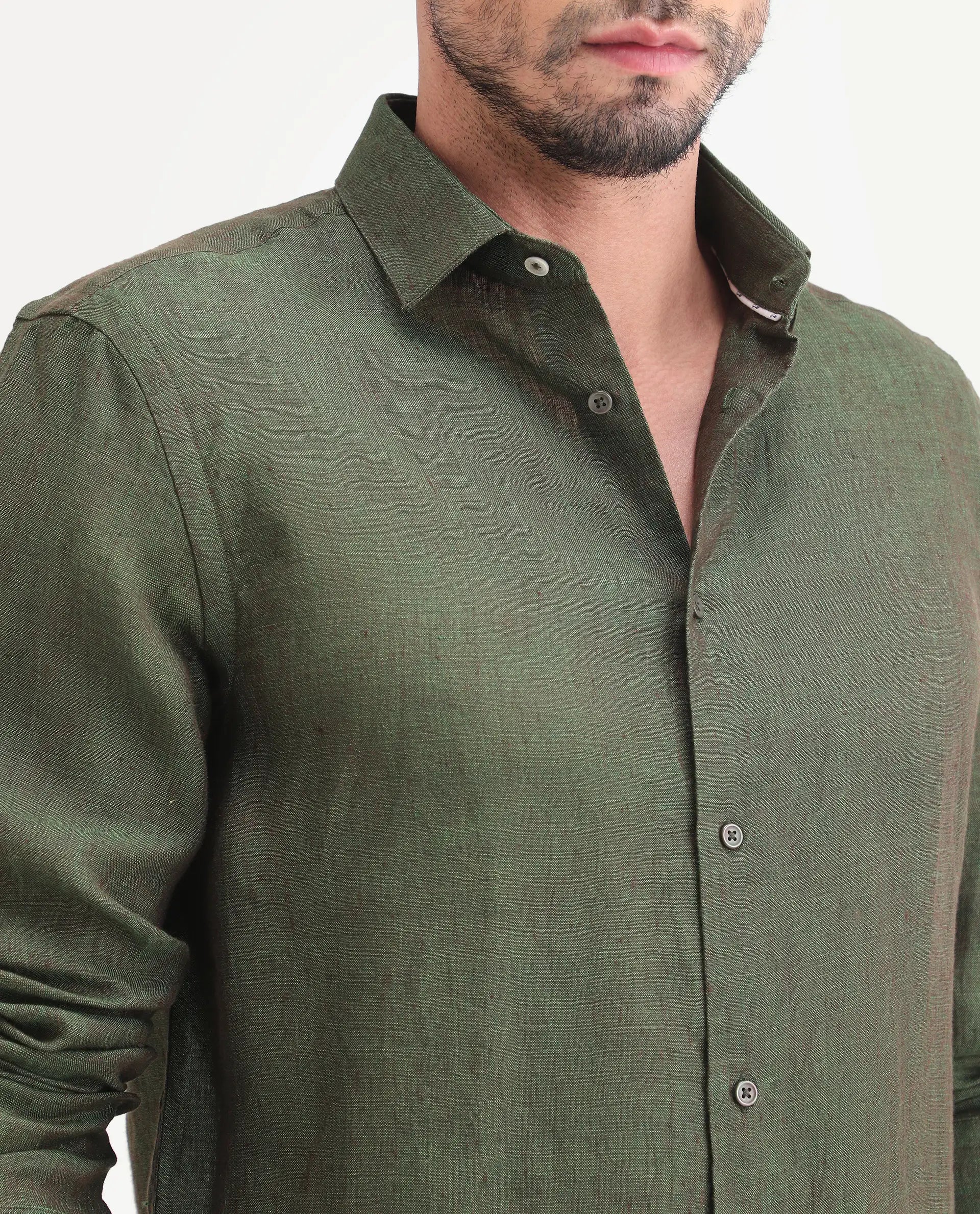 Rare Rabbit Men's Borium-D-26 Dark Green 100% Linen Full Sleeve Spread Collar Regular Fit Plain Shirt
