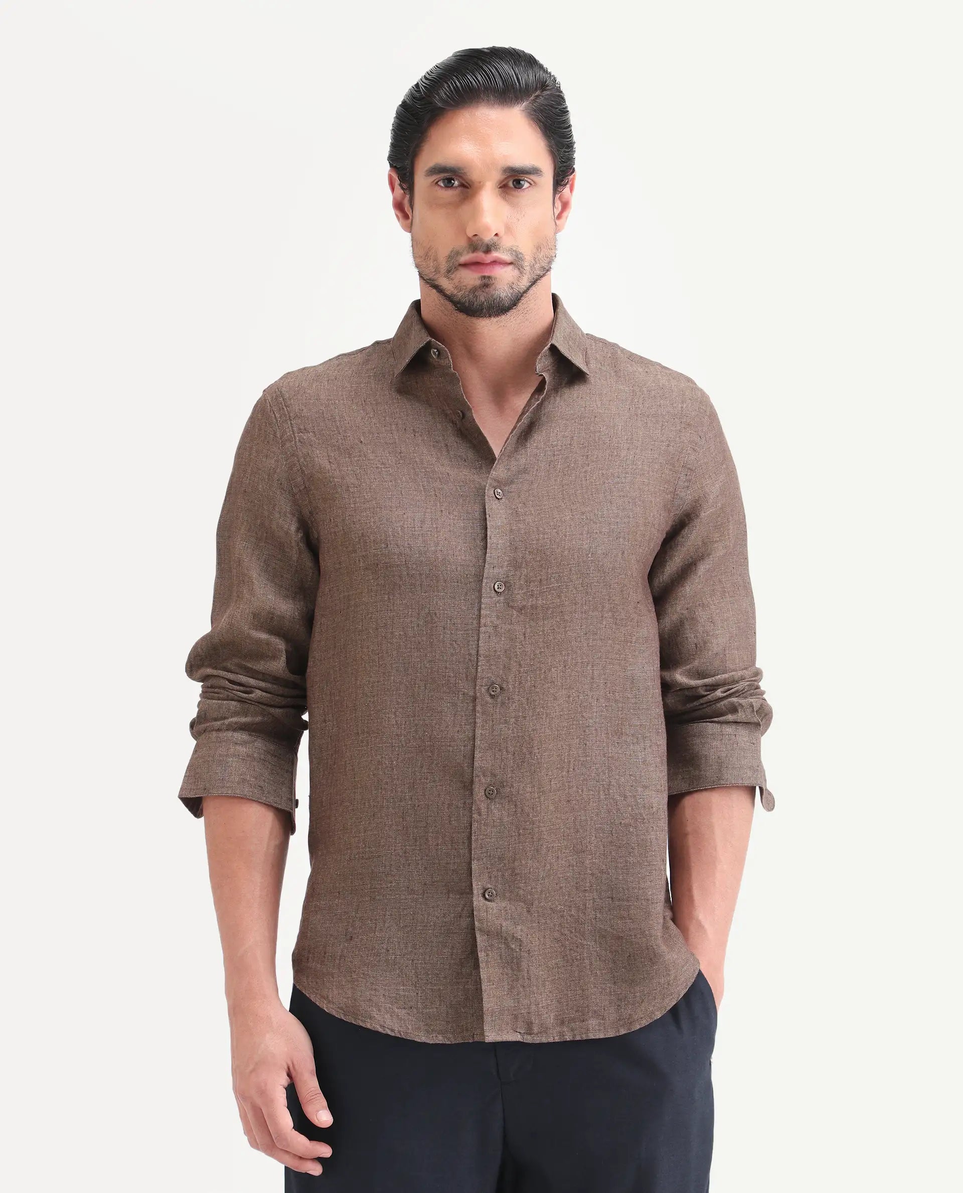 Rare Rabbit Men's Borium-D-26 Dark Brown 100% Linen Full Sleeve Spread Collar Regular Fit Plain Shirt