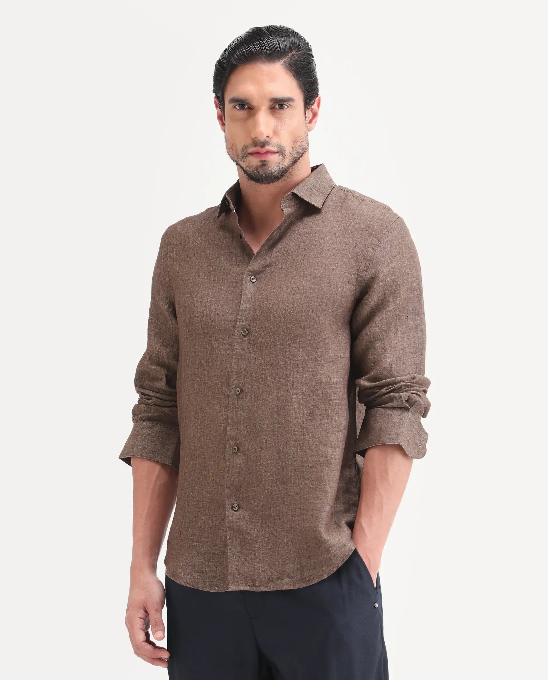 Rare Rabbit Men's Borium-D-26 Dark Brown 100% Linen Full Sleeve Spread Collar Regular Fit Plain Shirt