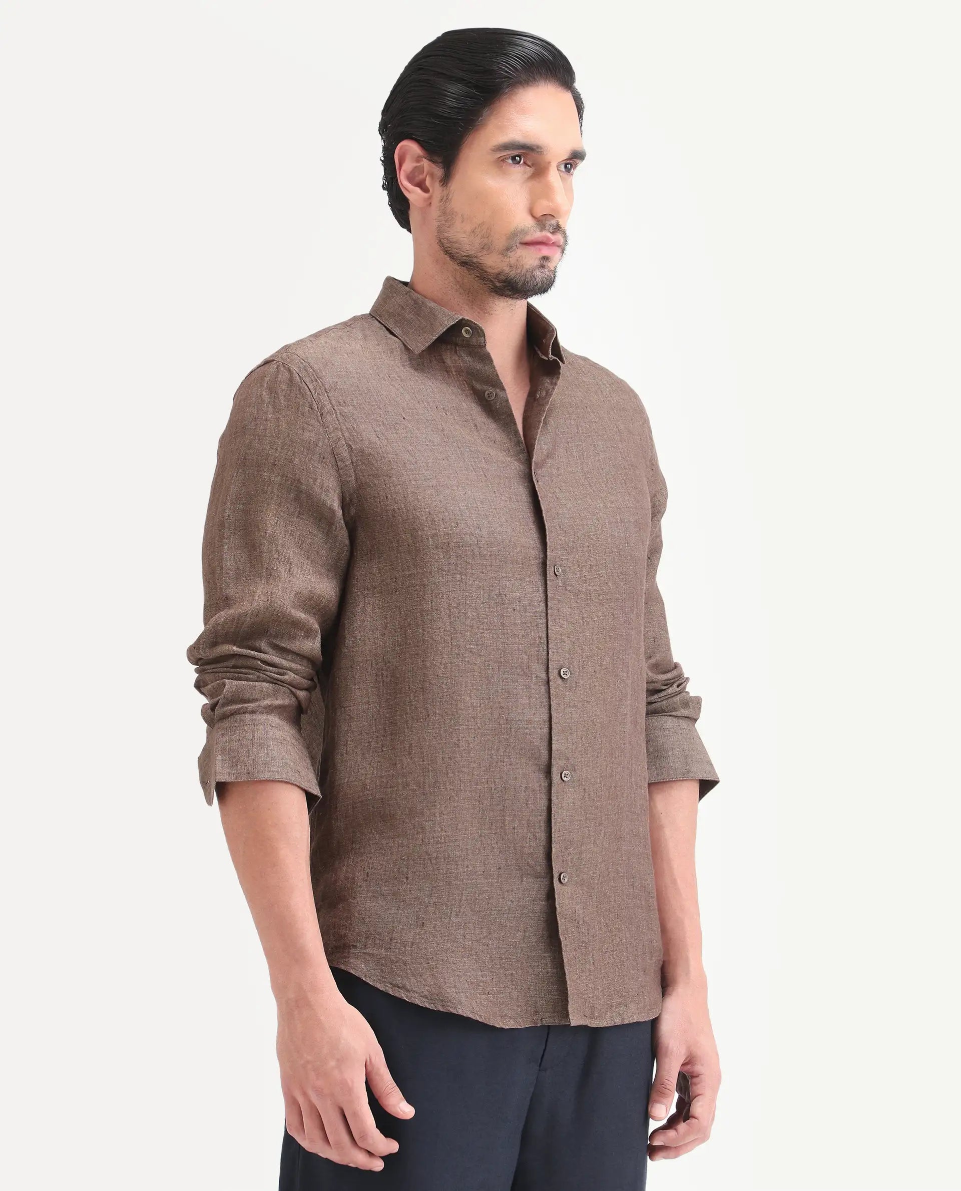 Rare Rabbit Men's Borium-D-26 Dark Brown 100% Linen Full Sleeve Spread Collar Regular Fit Plain Shirt