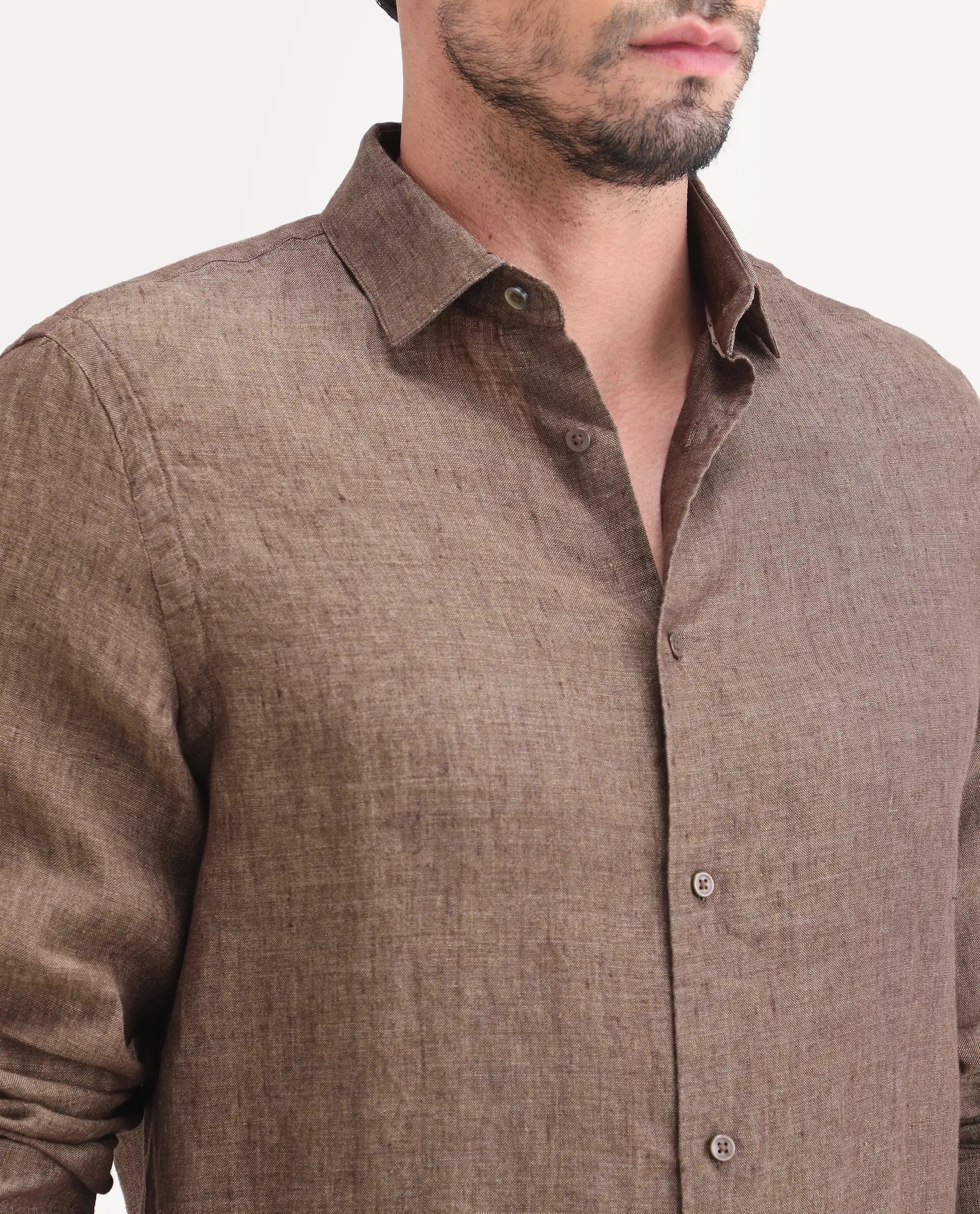 Rare Rabbit Men's Borium-D-26 Dark Brown 100% Linen Full Sleeve Spread Collar Regular Fit Plain Shirt