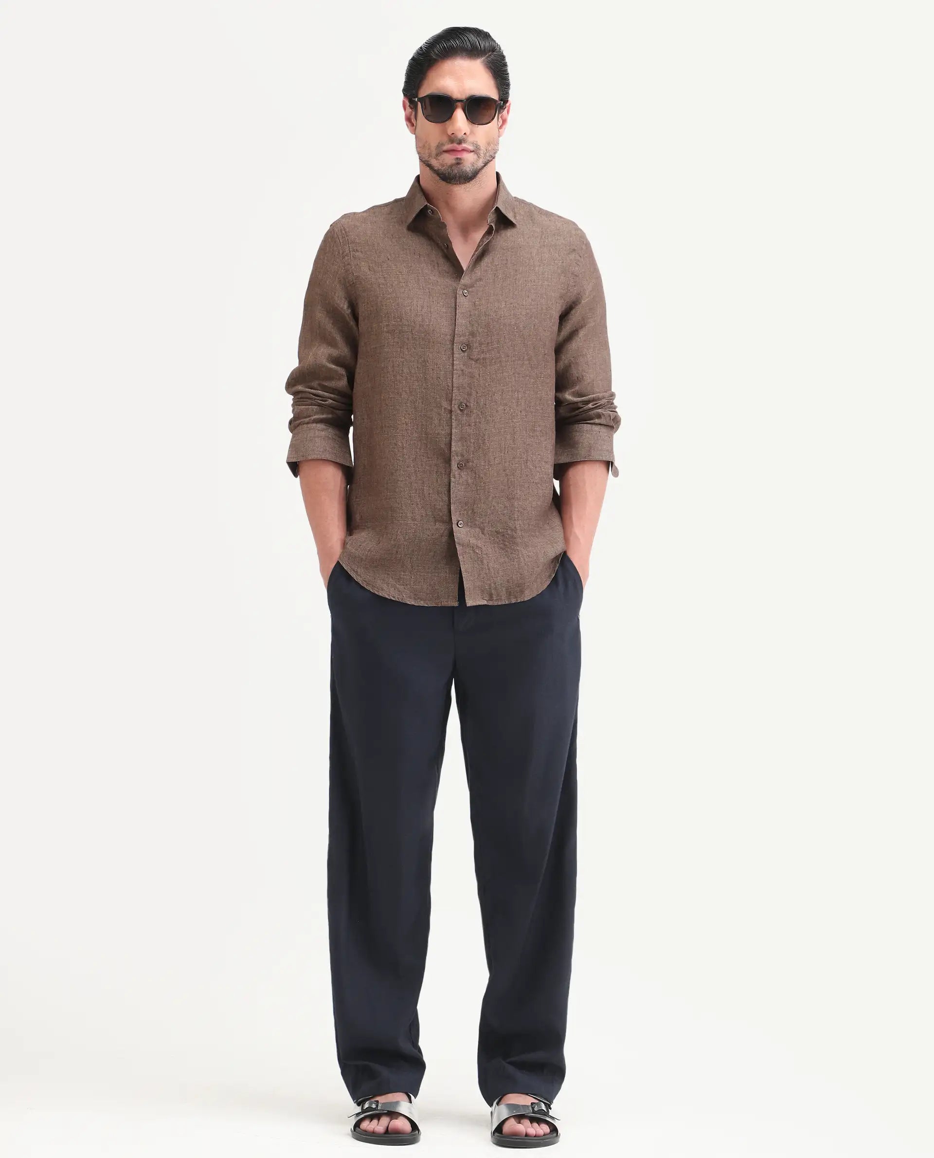 Rare Rabbit Men's Borium-D-26 Dark Brown 100% Linen Full Sleeve Spread Collar Regular Fit Plain Shirt