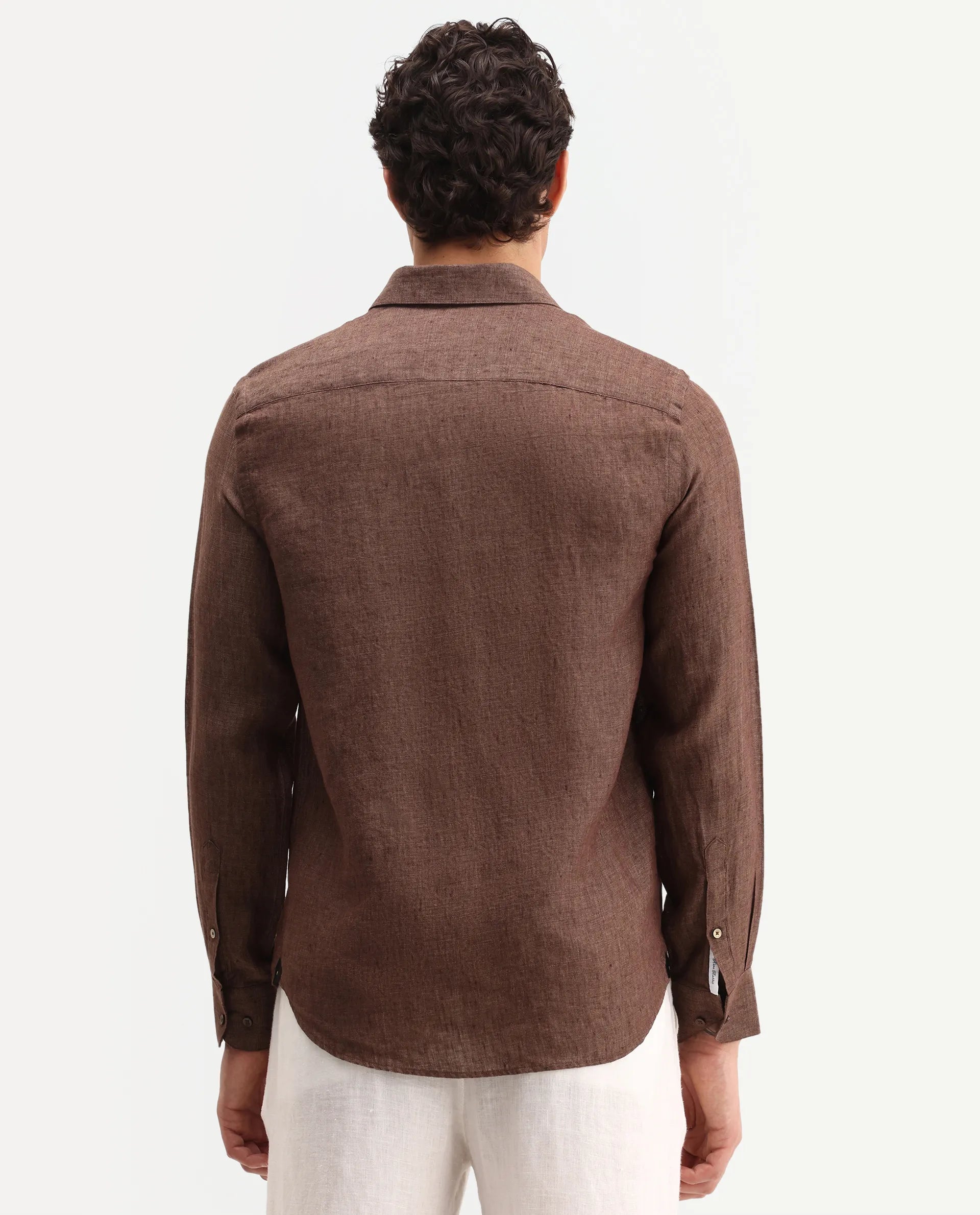 Rare Rabbit Men's Borium-D-26 Dark Brown 100% Linen Full Sleeve Spread Collar Regular Fit Plain Shirt