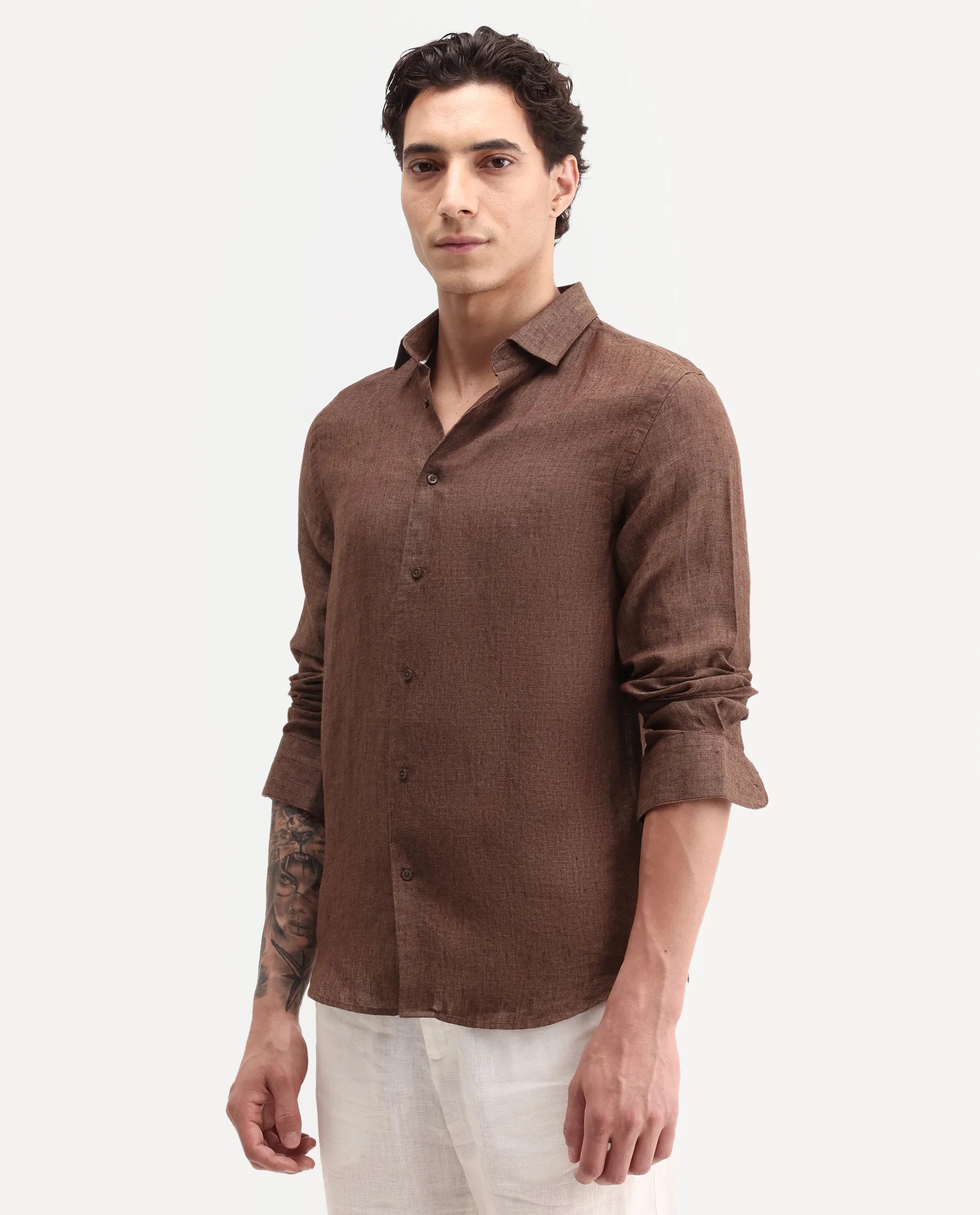 Rare Rabbit Men's Borium-D-26 Dark Brown 100% Linen Full Sleeve Spread Collar Regular Fit Plain Shirt