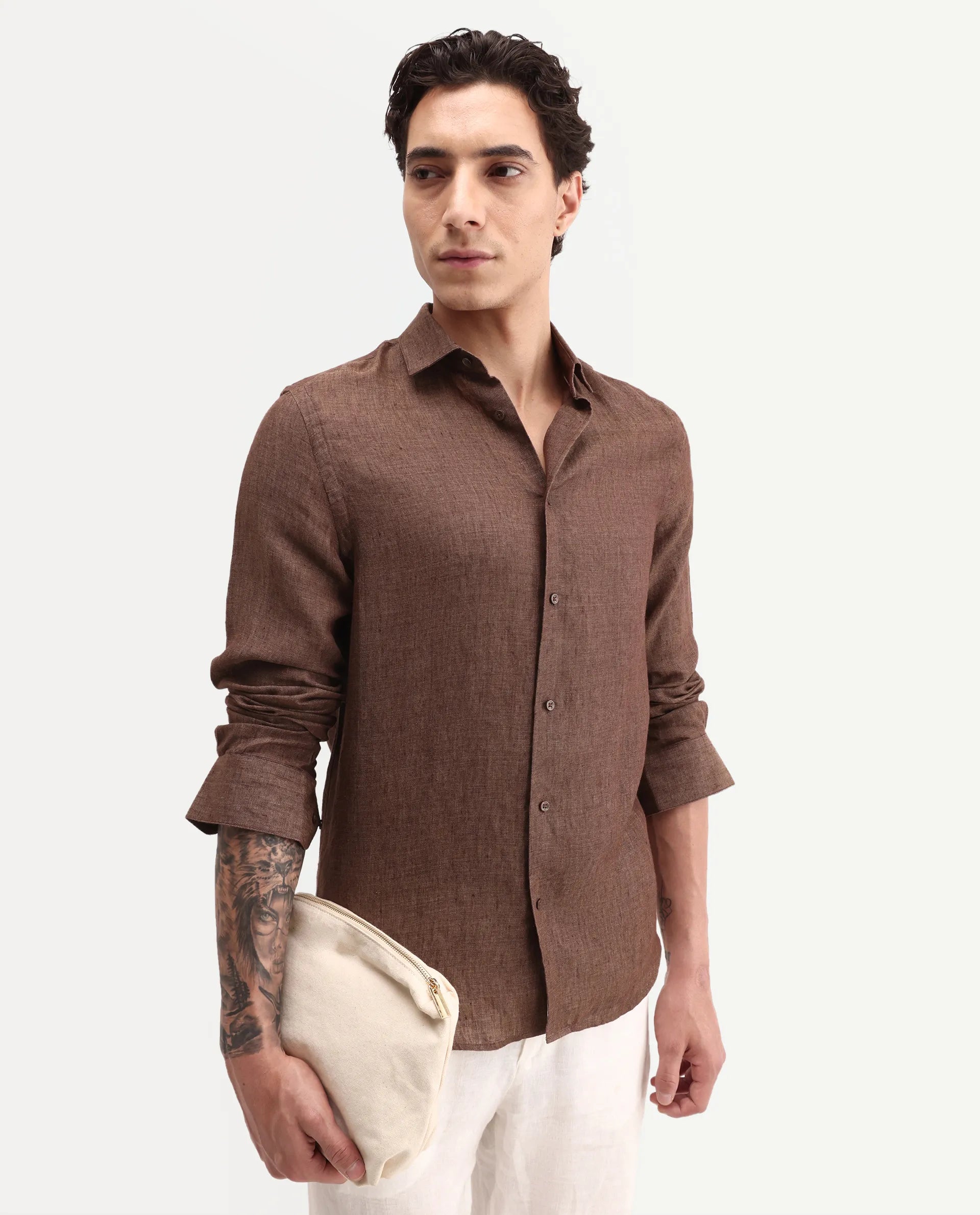 Rare Rabbit Men's Borium-D-26 Dark Brown 100% Linen Full Sleeve Spread Collar Regular Fit Plain Shirt