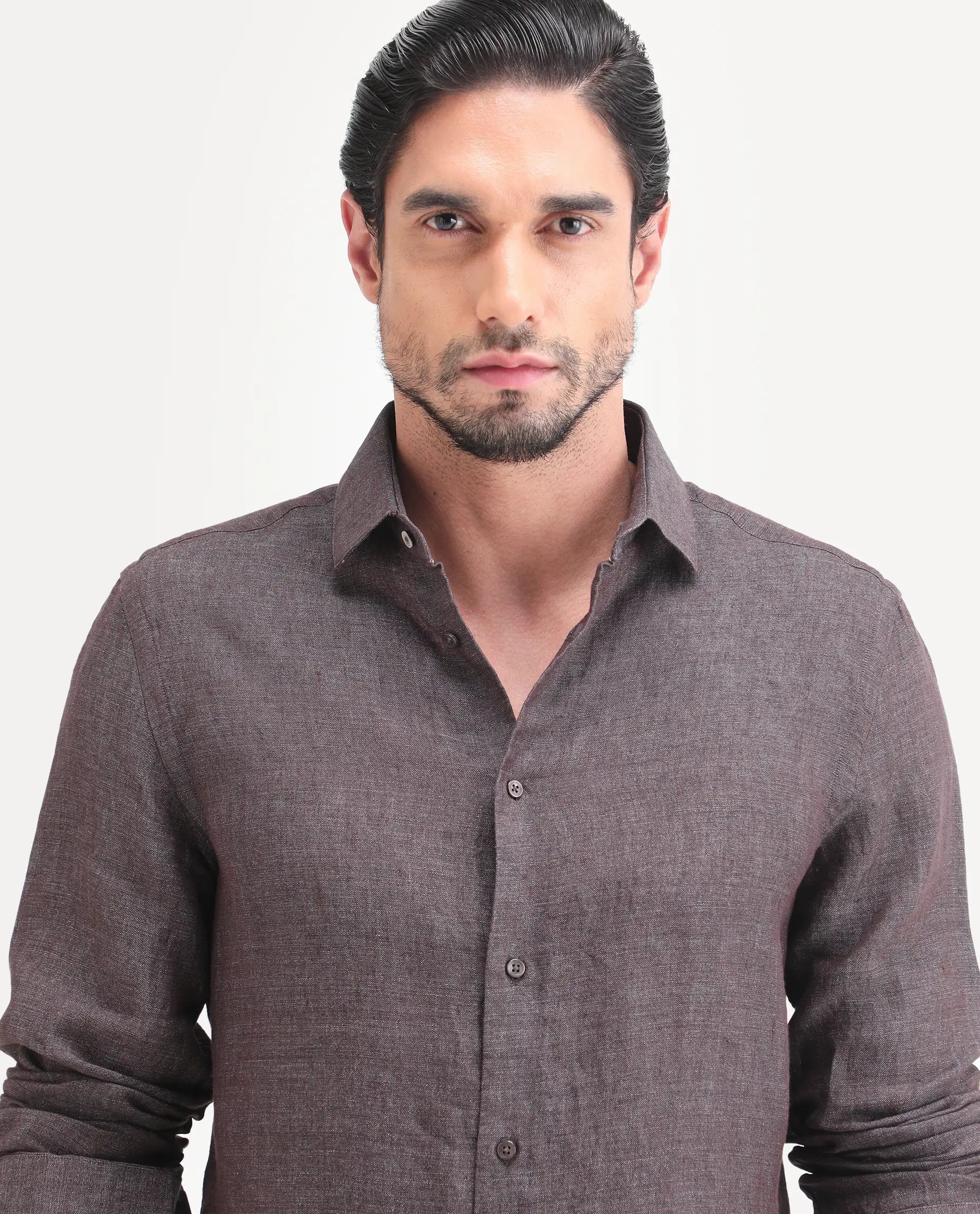 Rare Rabbit Men's Borium-D-26 Dark Grey 100% Linen Full Sleeve Spread Collar Regular Fit Plain Shirt