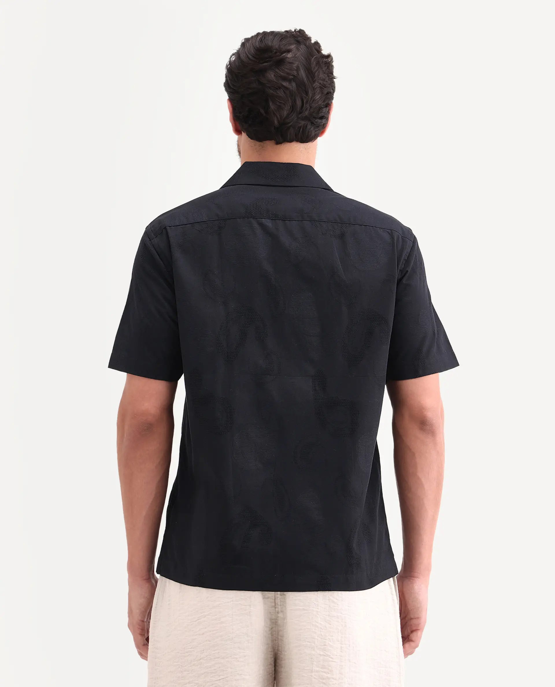 Rare Rabbit Men's Reke Black Cotton Half Sleeve Cuban Collar Regular Fit Jacquard Shirt