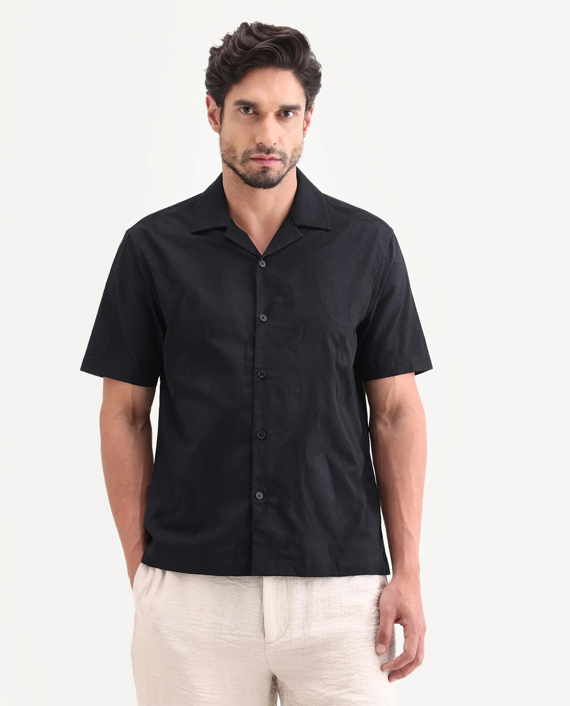 Rare Rabbit Men's Reke Black Cotton Half Sleeve Cuban Collar Regular Fit Jacquard Shirt