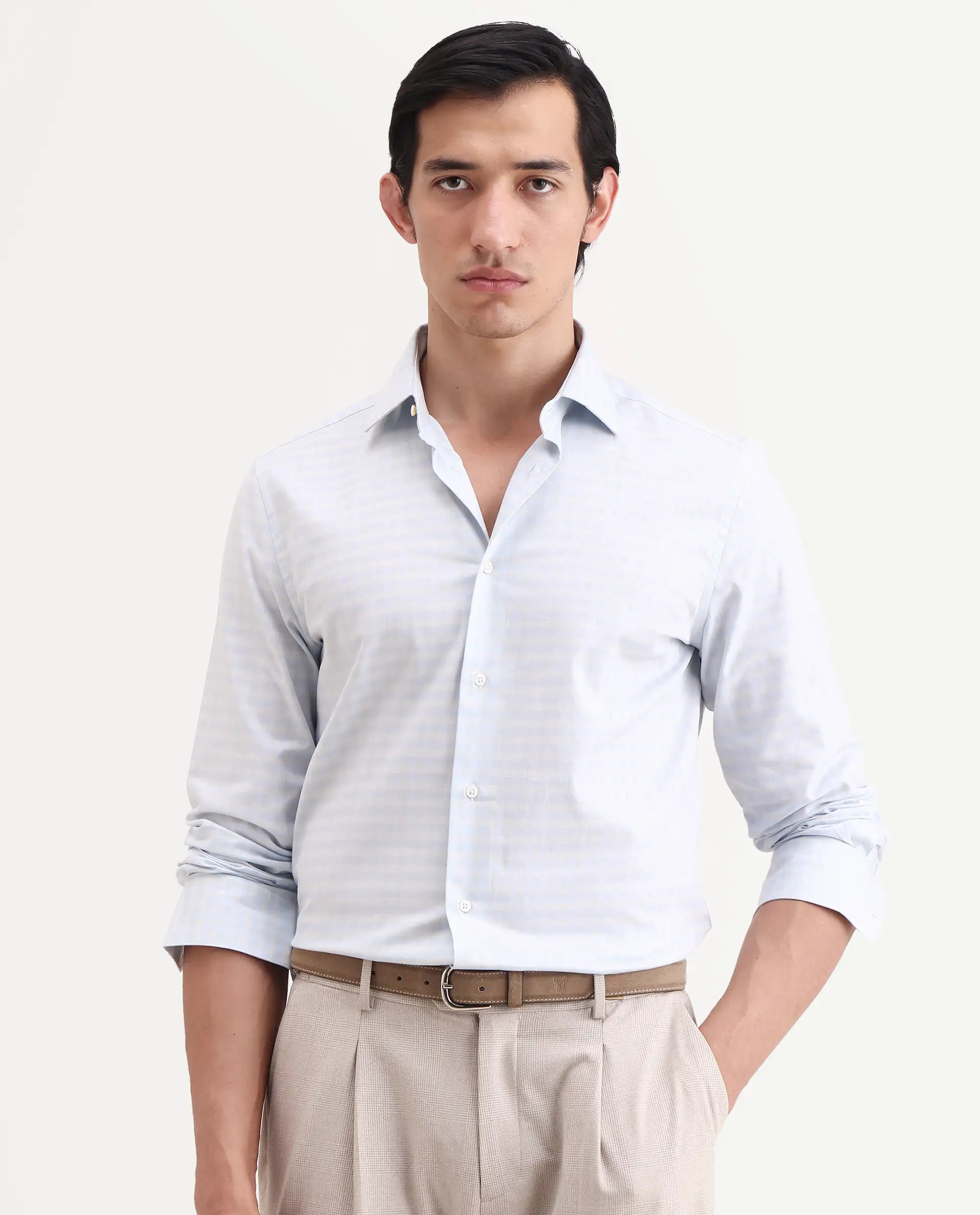 Rare Rabbit Men's Tixo Light Blue Cotton Fabric Full Sleeve Spread Collar Regular Fit Checked Shirt