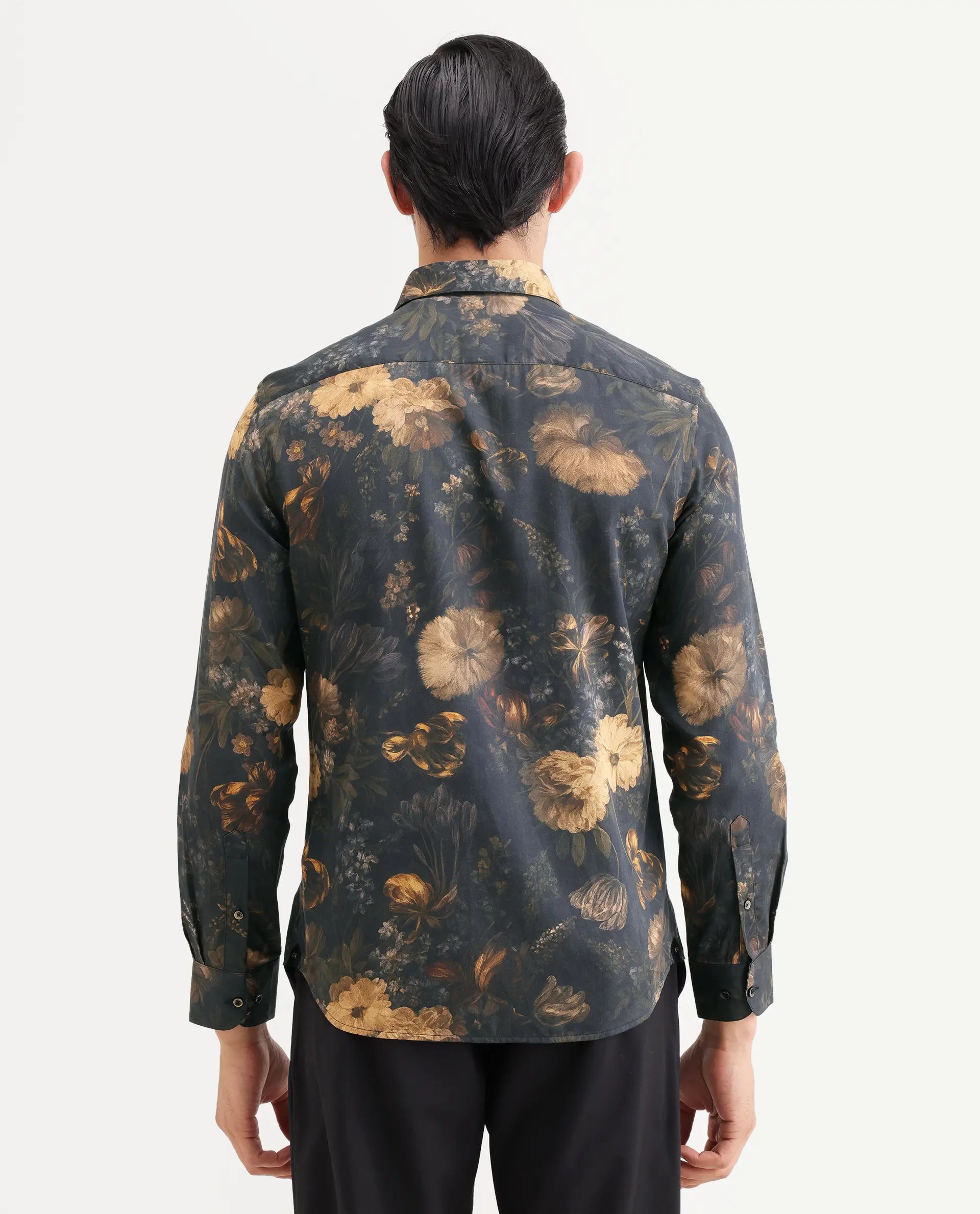 Rare Rabbit Men's Fawn Black Cotton Fabric Full Sleeve Spread Collar Regular Fit Floral Print Shirt