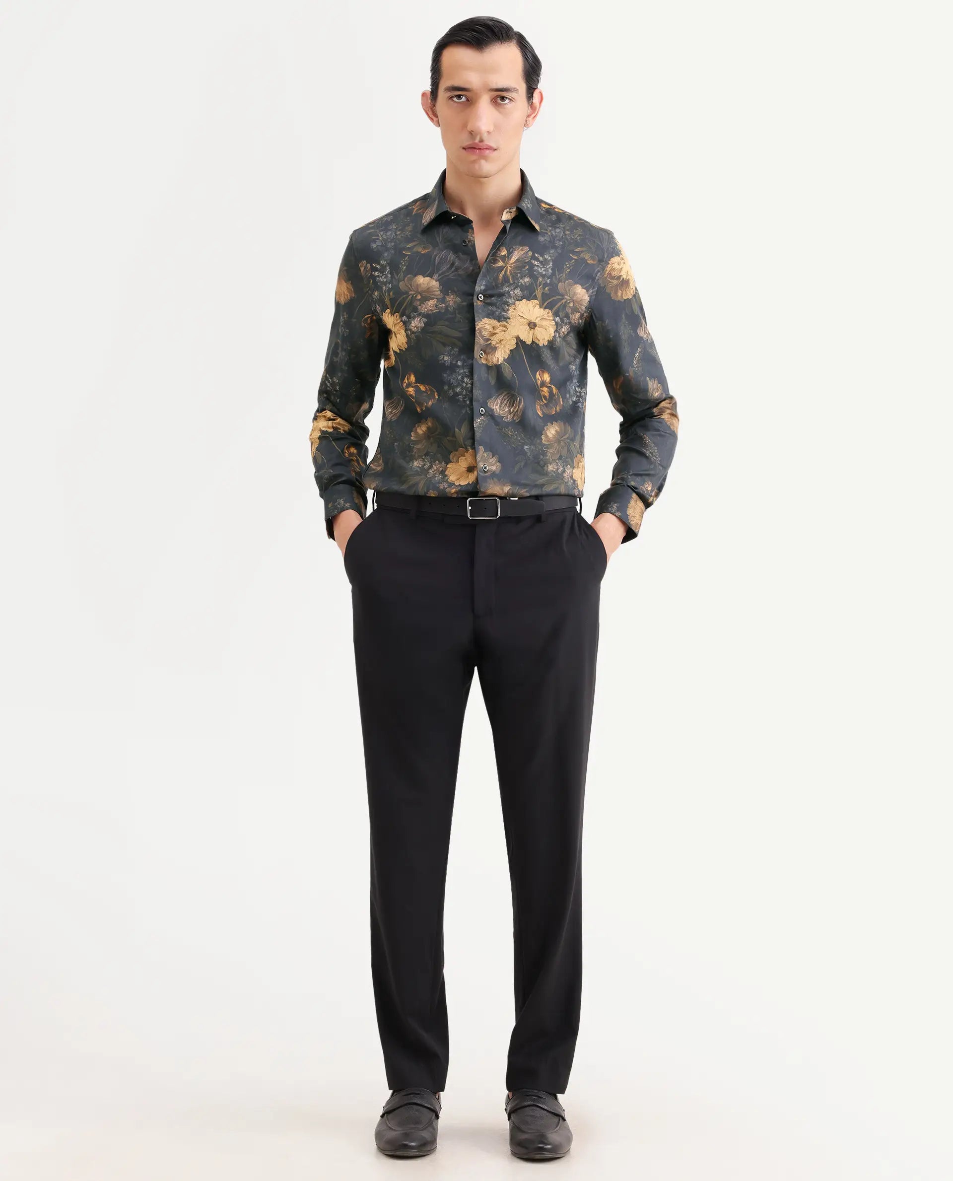Rare Rabbit Men's Fawn Black Cotton Fabric Full Sleeve Spread Collar Regular Fit Floral Print Shirt