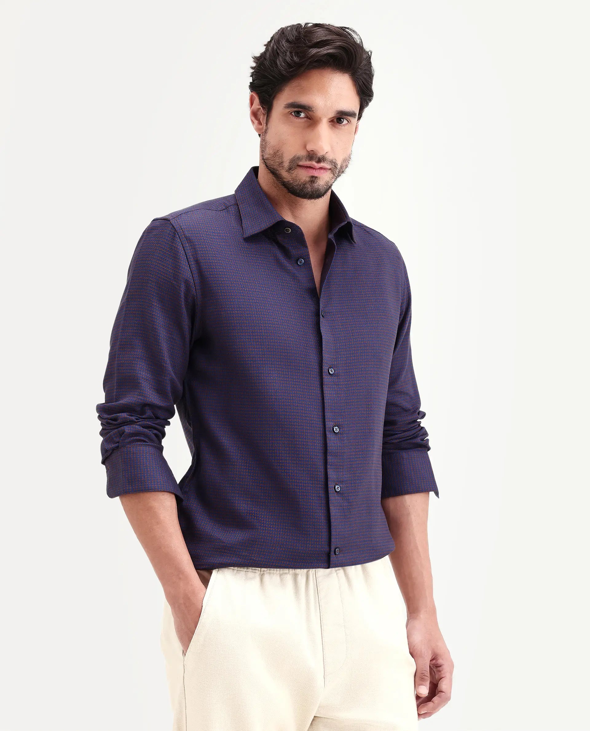 Rare Rabbit Men's Jared Navy Lyocell Blend Fabric Full Sleeve Spread Collar Button Regular Fit Checked Shirt