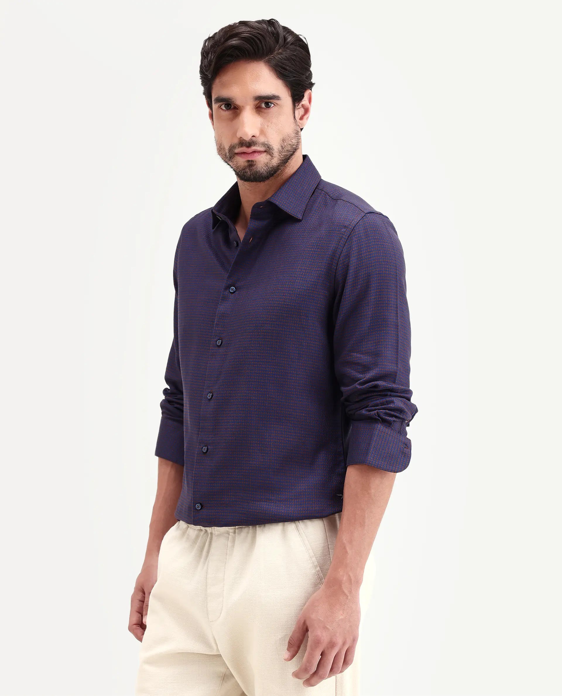 Rare Rabbit Men's Jared Navy Lyocell Blend Fabric Full Sleeve Spread Collar Button Regular Fit Checked Shirt