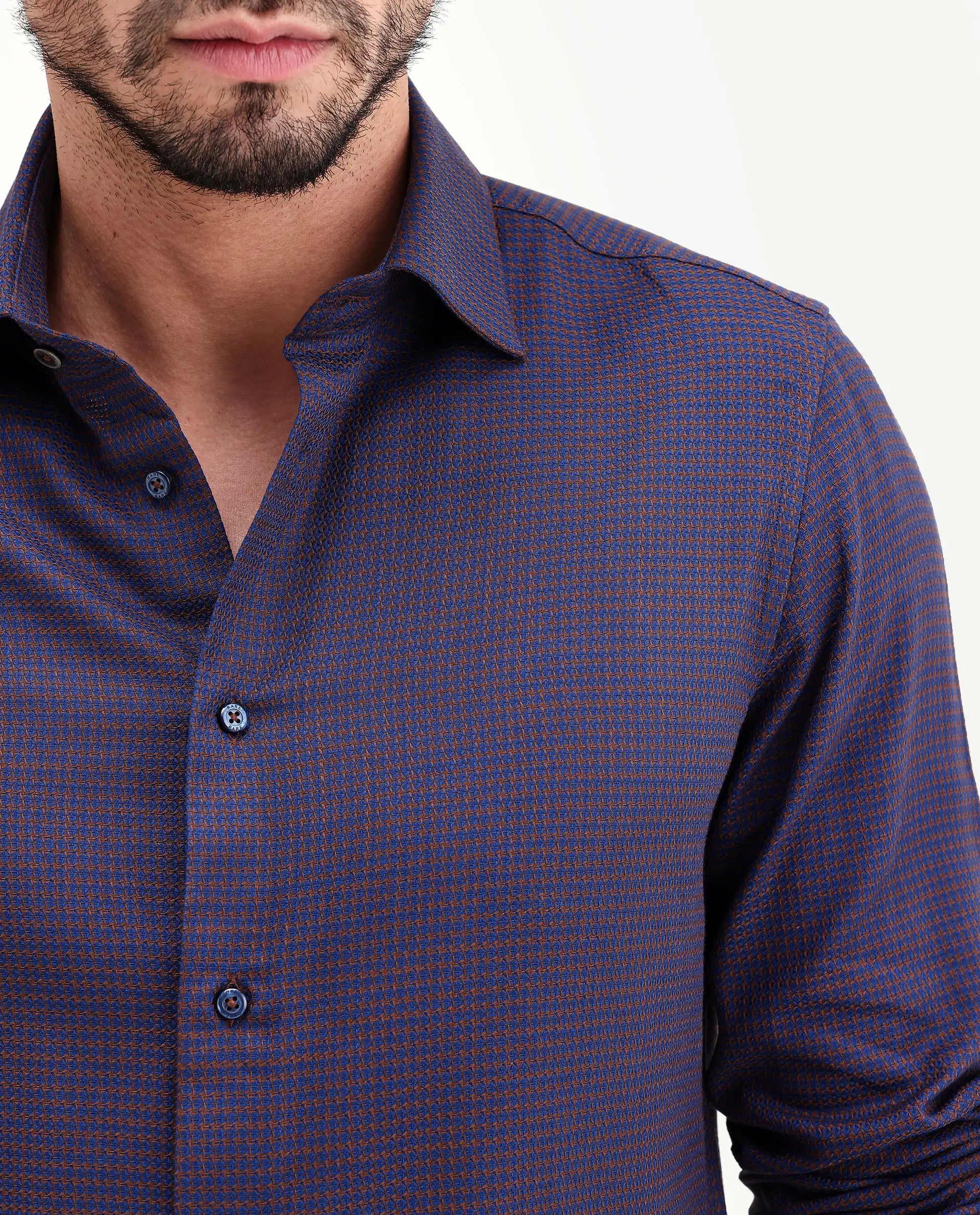 Rare Rabbit Men's Jared Navy Lyocell Blend Fabric Full Sleeve Spread Collar Button Regular Fit Checked Shirt