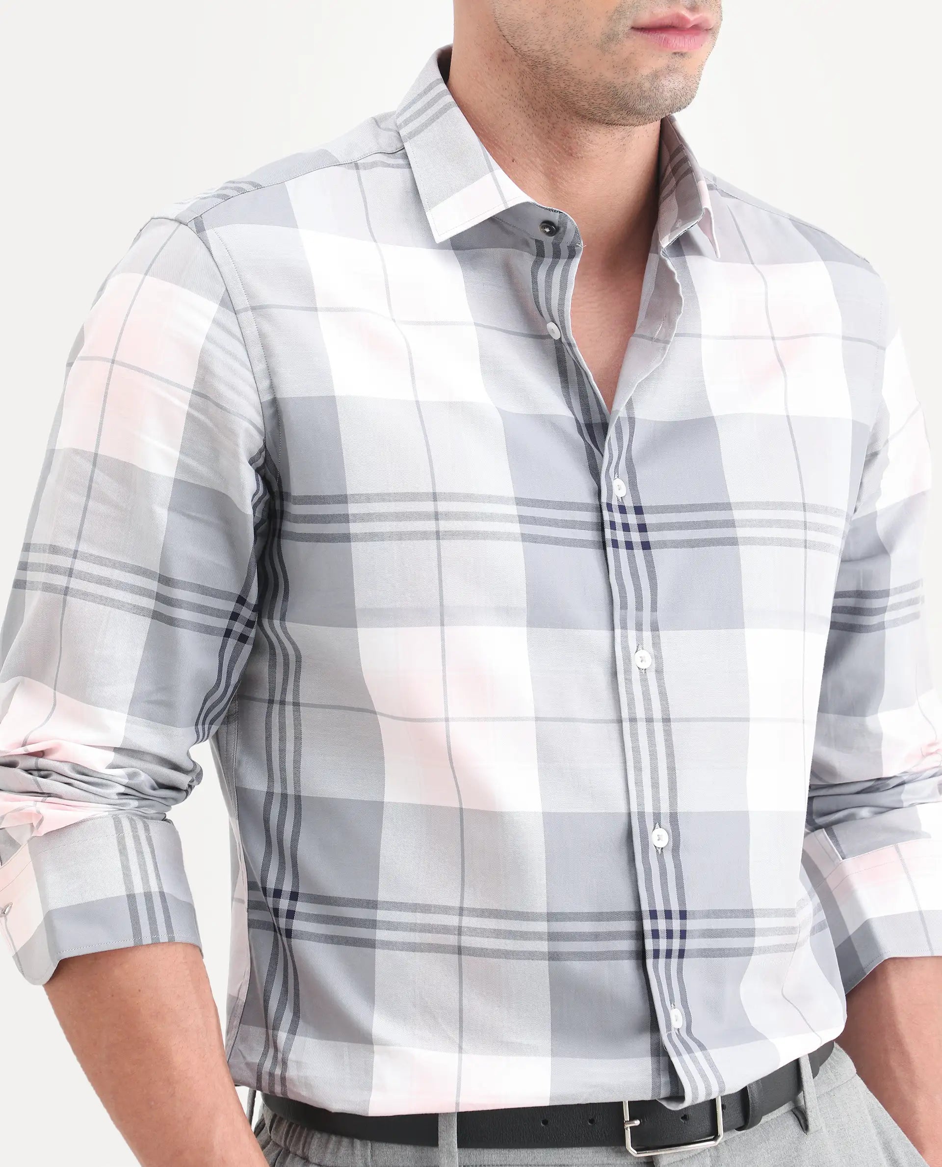 Rare Rabbit Men's Ryett-26 Pink Cotton Fabric Full Sleeve Spread Collar Regular Fit Checked Shirt