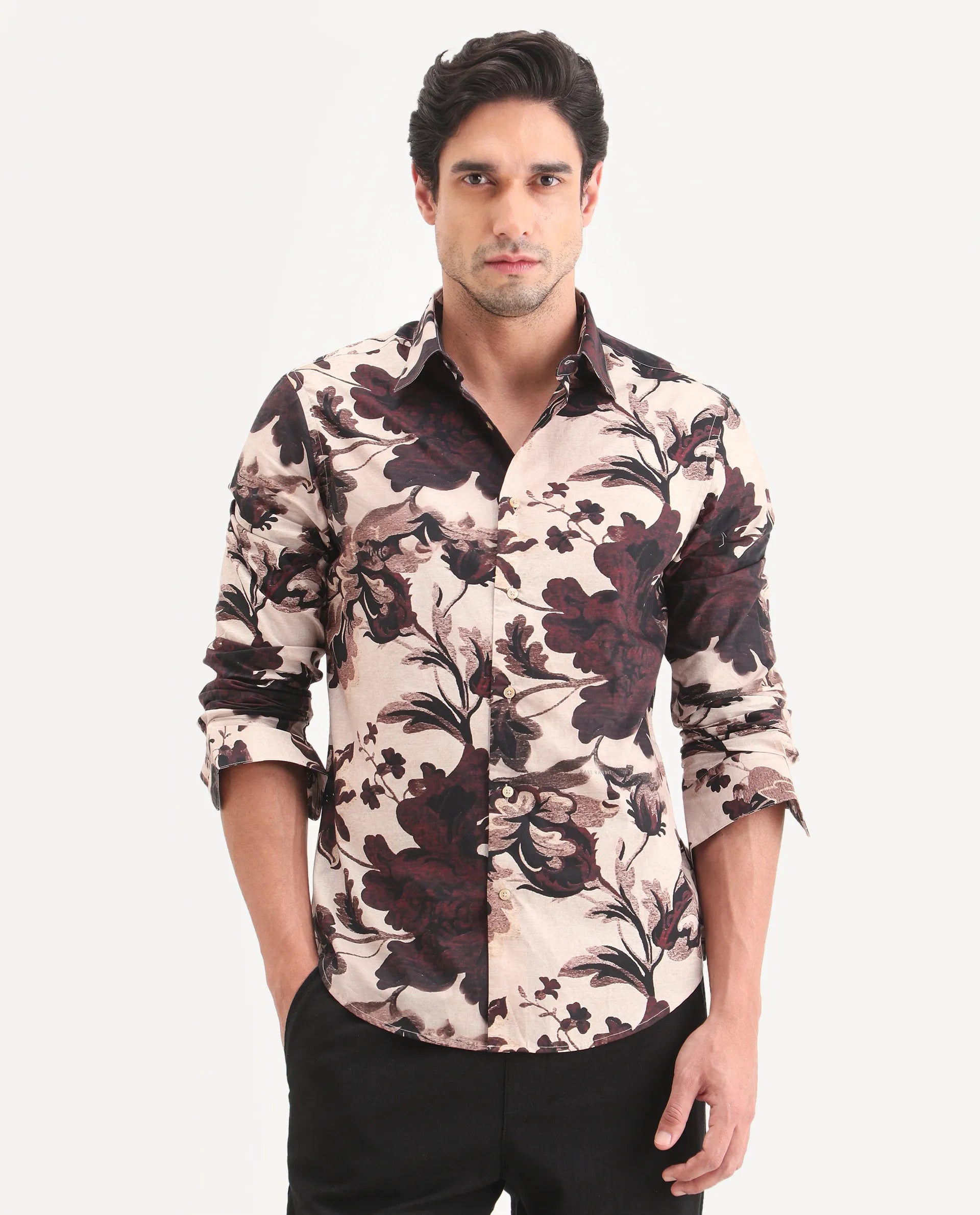 Rare Rabbit Men's Ciel Beige Cotton Fabric Full Sleeve Spread Collar Button Regular Fit Floral Print Shirt