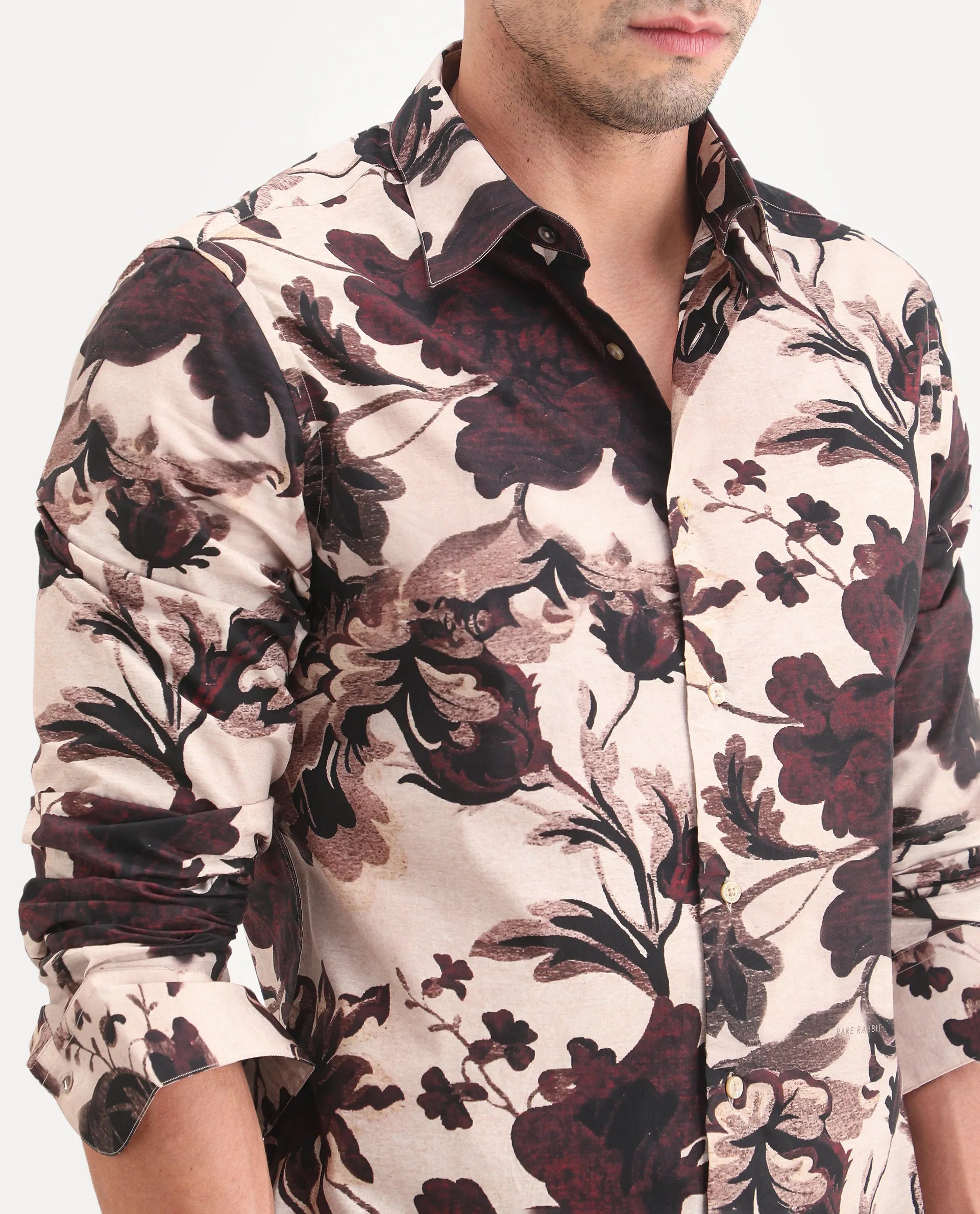 Rare Rabbit Men's Ciel Beige Cotton Fabric Full Sleeve Spread Collar Button Regular Fit Floral Print Shirt