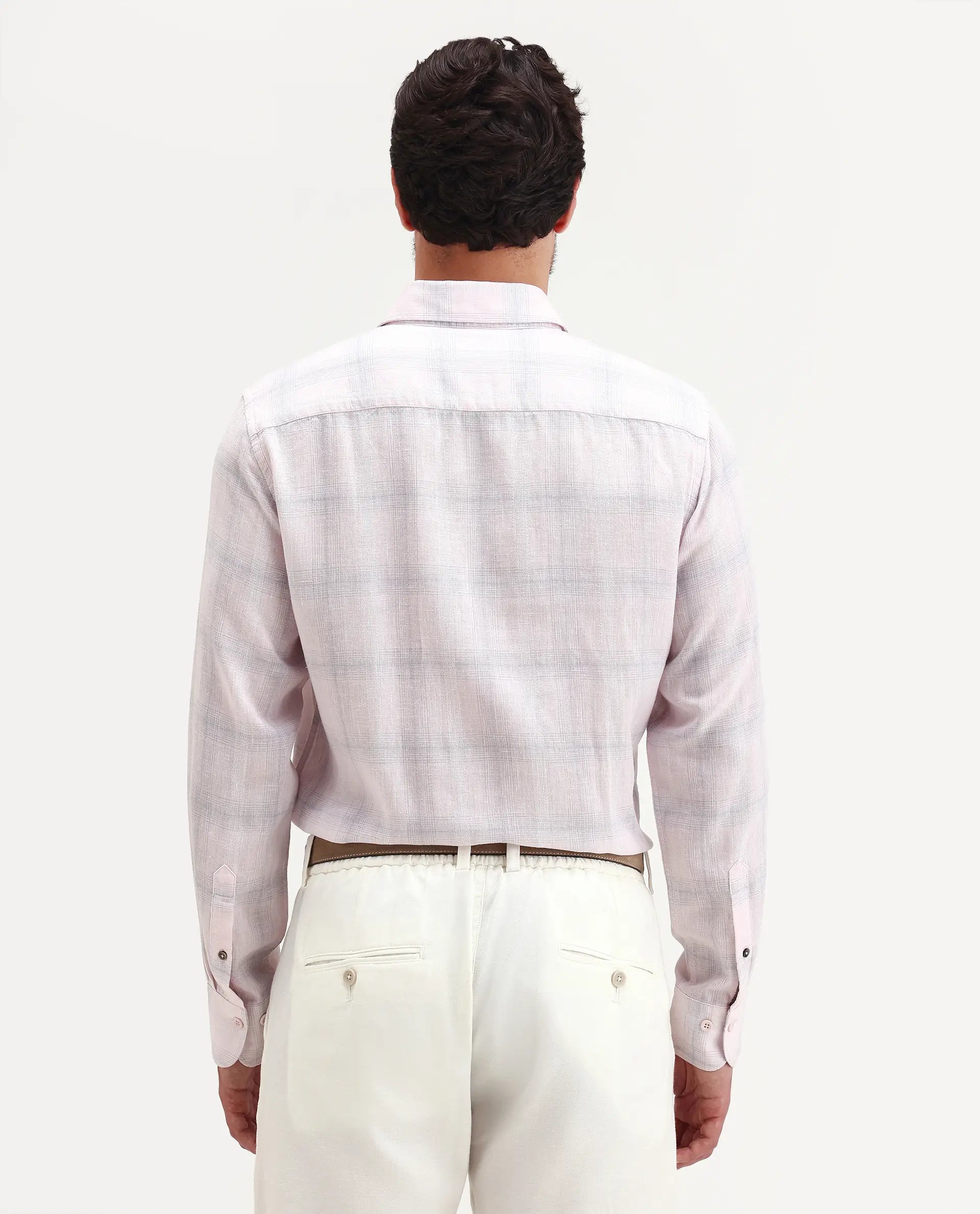 Rare Rabbit Men's Eamon-S26 Light Pink Linen Blend Full Sleeve Spread Collar Regular Fit Checked Shirt