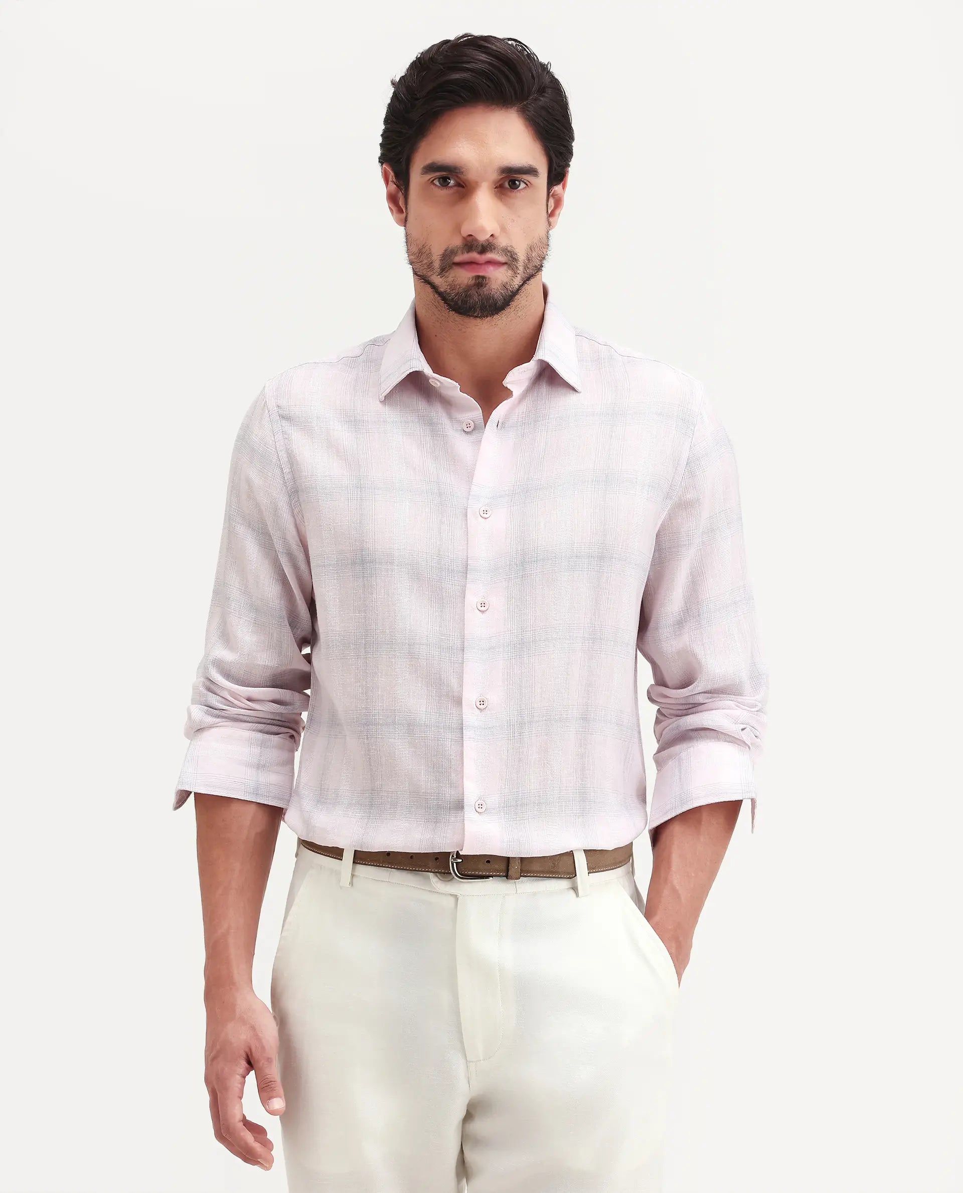 Rare Rabbit Men's Eamon-S26 Light Pink Linen Blend Full Sleeve Spread Collar Regular Fit Checked Shirt