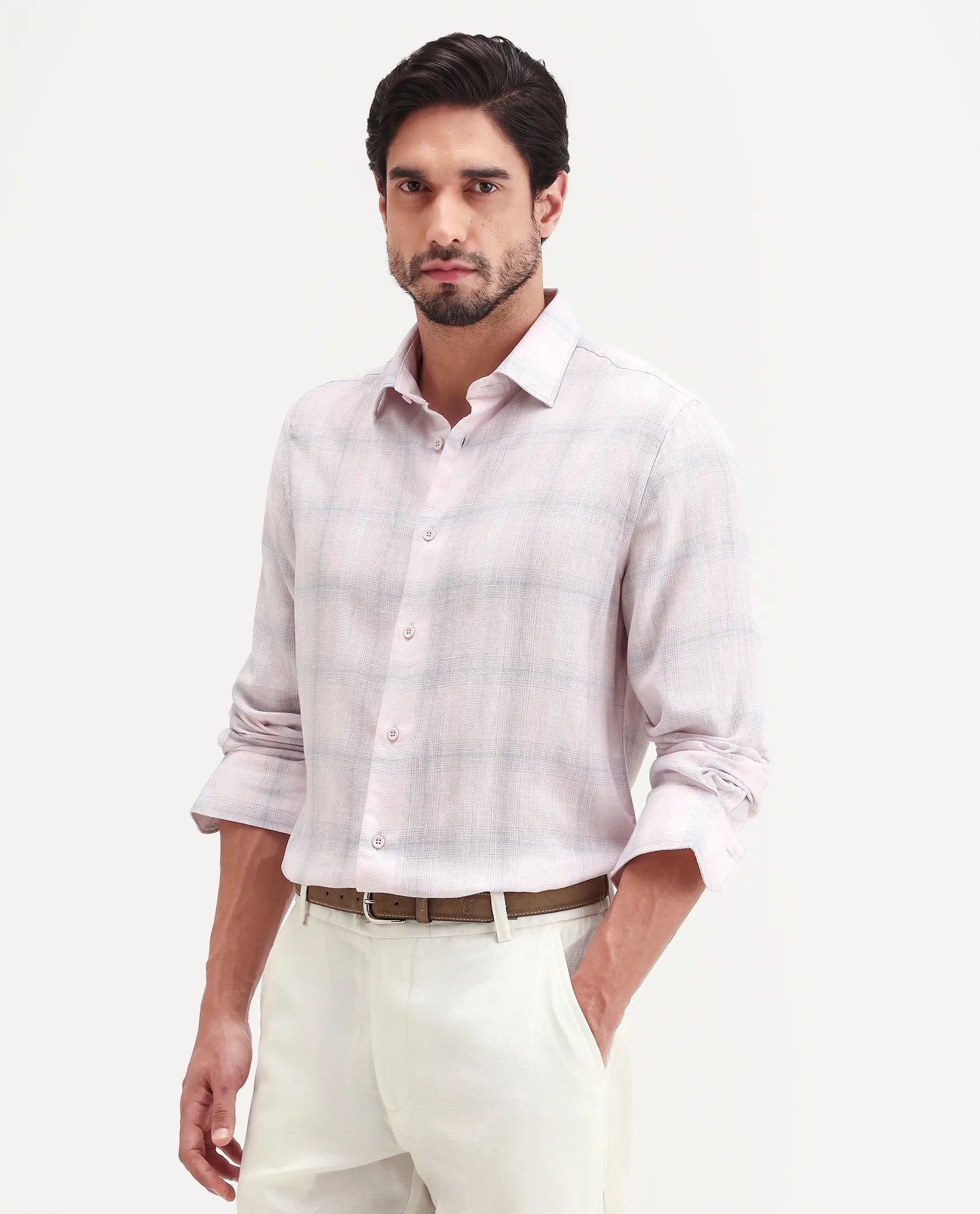 Rare Rabbit Men's Eamon-S26 Light Pink Linen Blend Full Sleeve Spread Collar Regular Fit Checked Shirt