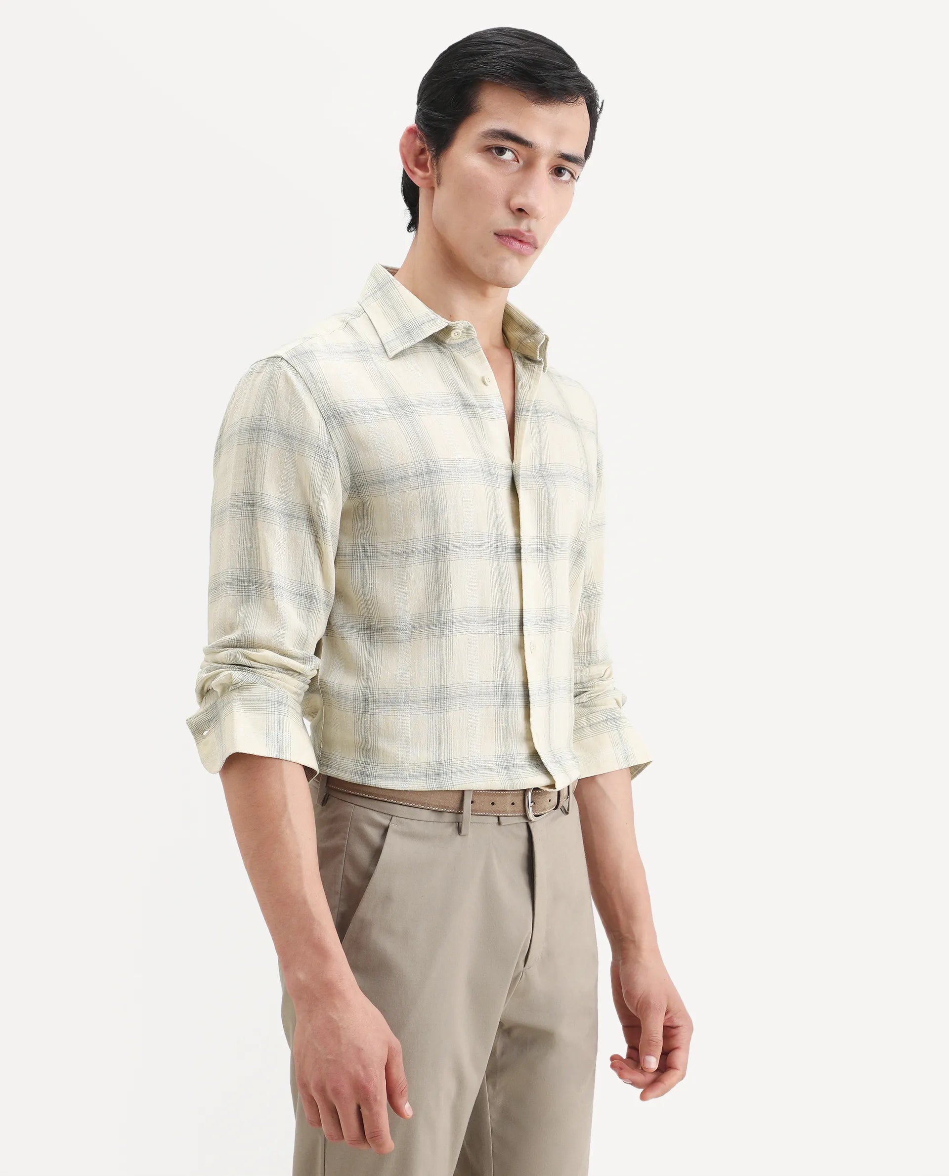 Rare Rabbit Men's Eamon-S26 Light Yellow Linen Blend Full Sleeve Spread Collar Regular Fit Checked Shirt