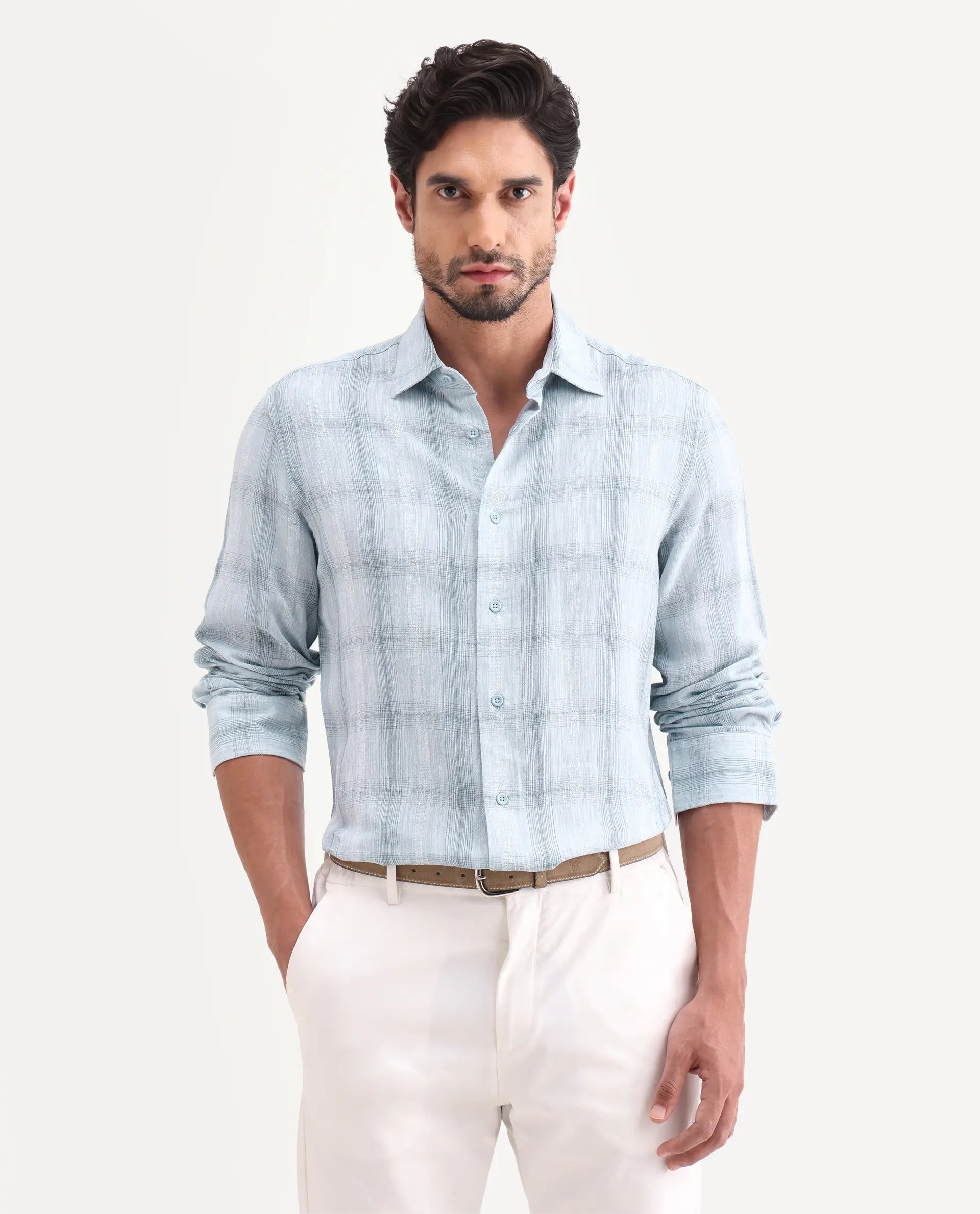 Rare Rabbit Men's Eamon-S26 Light Blue Linen Blend Full Sleeve Spread Collar Regular Fit Checked Shirt