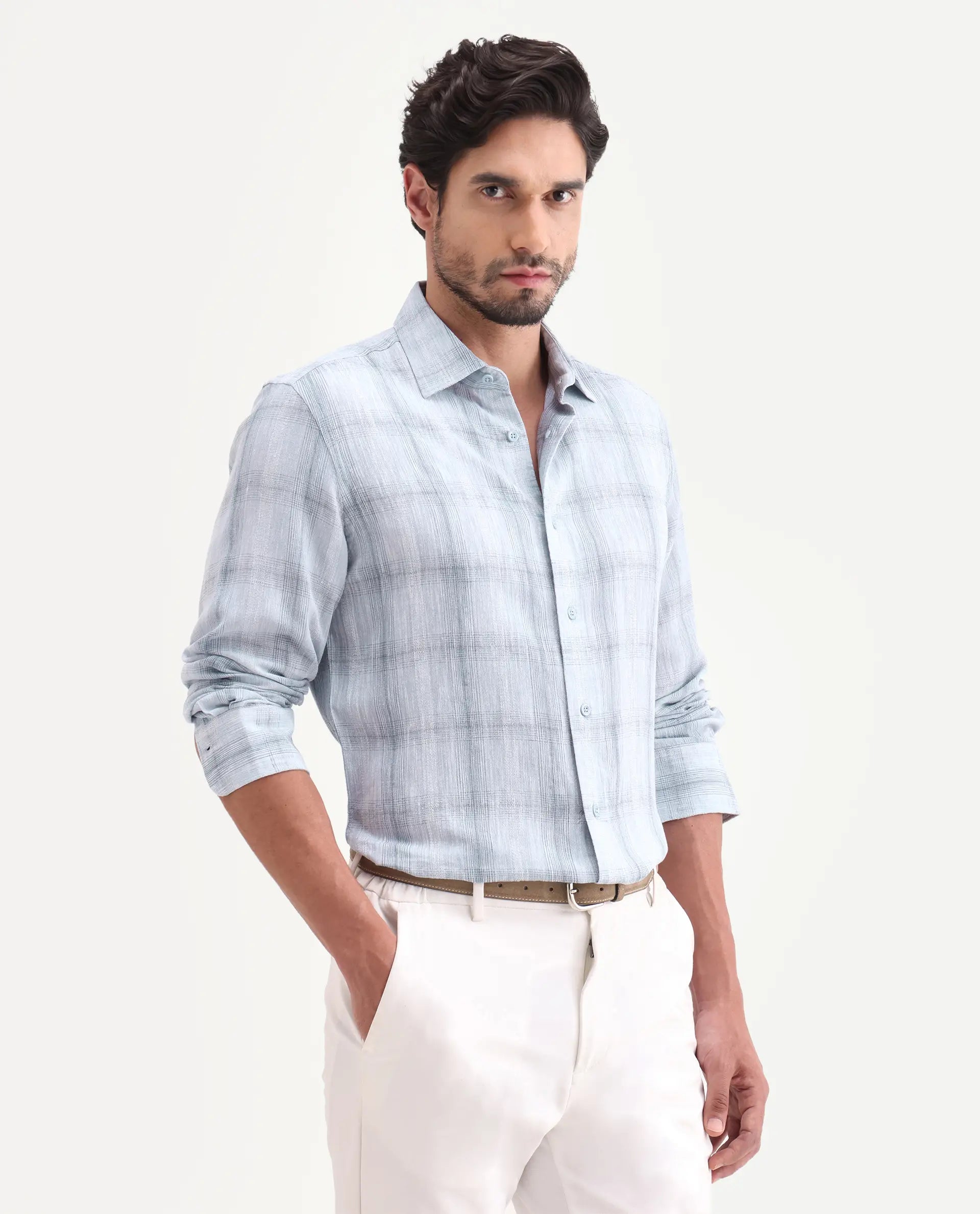 Rare Rabbit Men's Eamon-S26 Light Blue Linen Blend Full Sleeve Spread Collar Regular Fit Checked Shirt