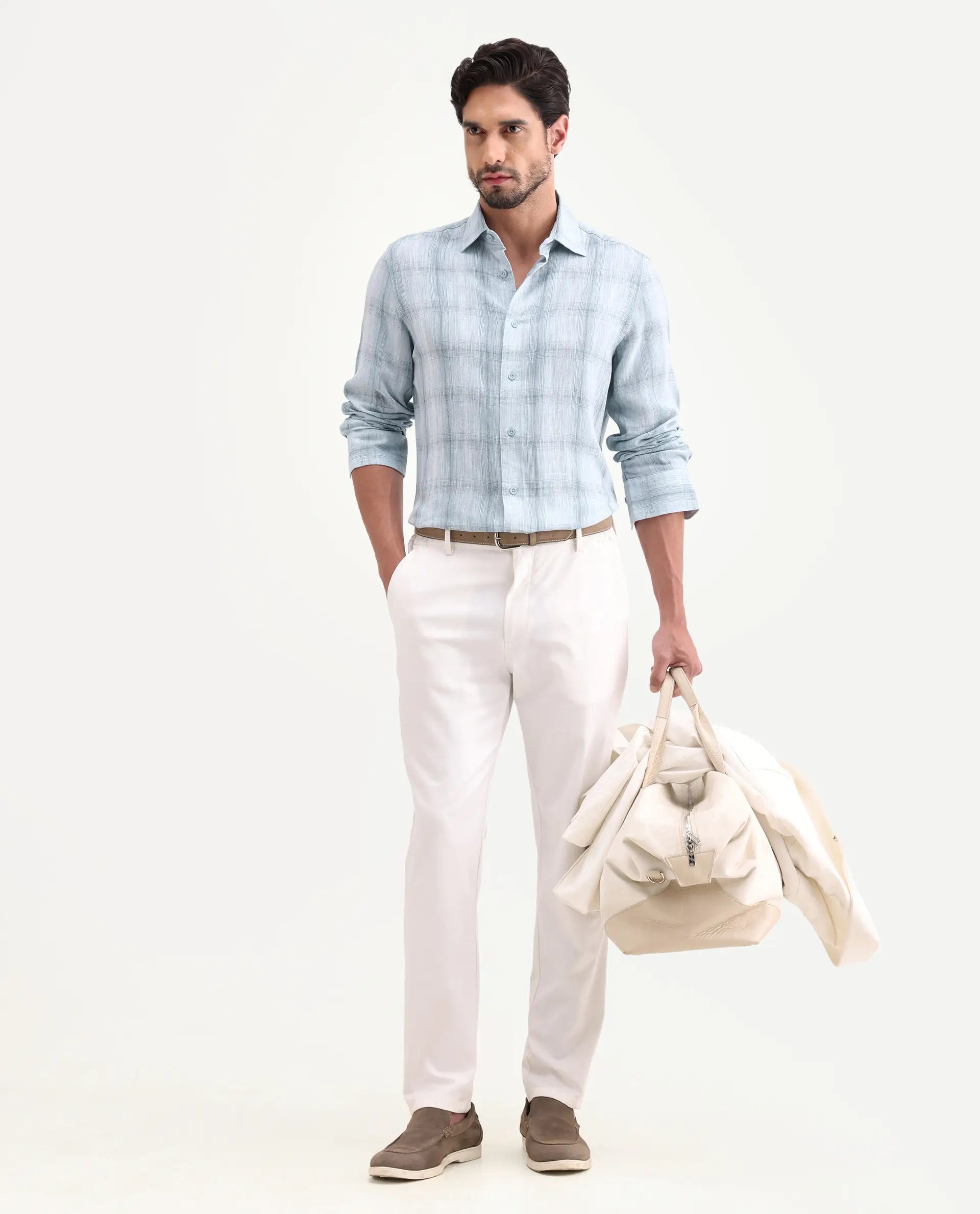Rare Rabbit Men's Eamon-S26 Light Blue Linen Blend Full Sleeve Spread Collar Regular Fit Checked Shirt