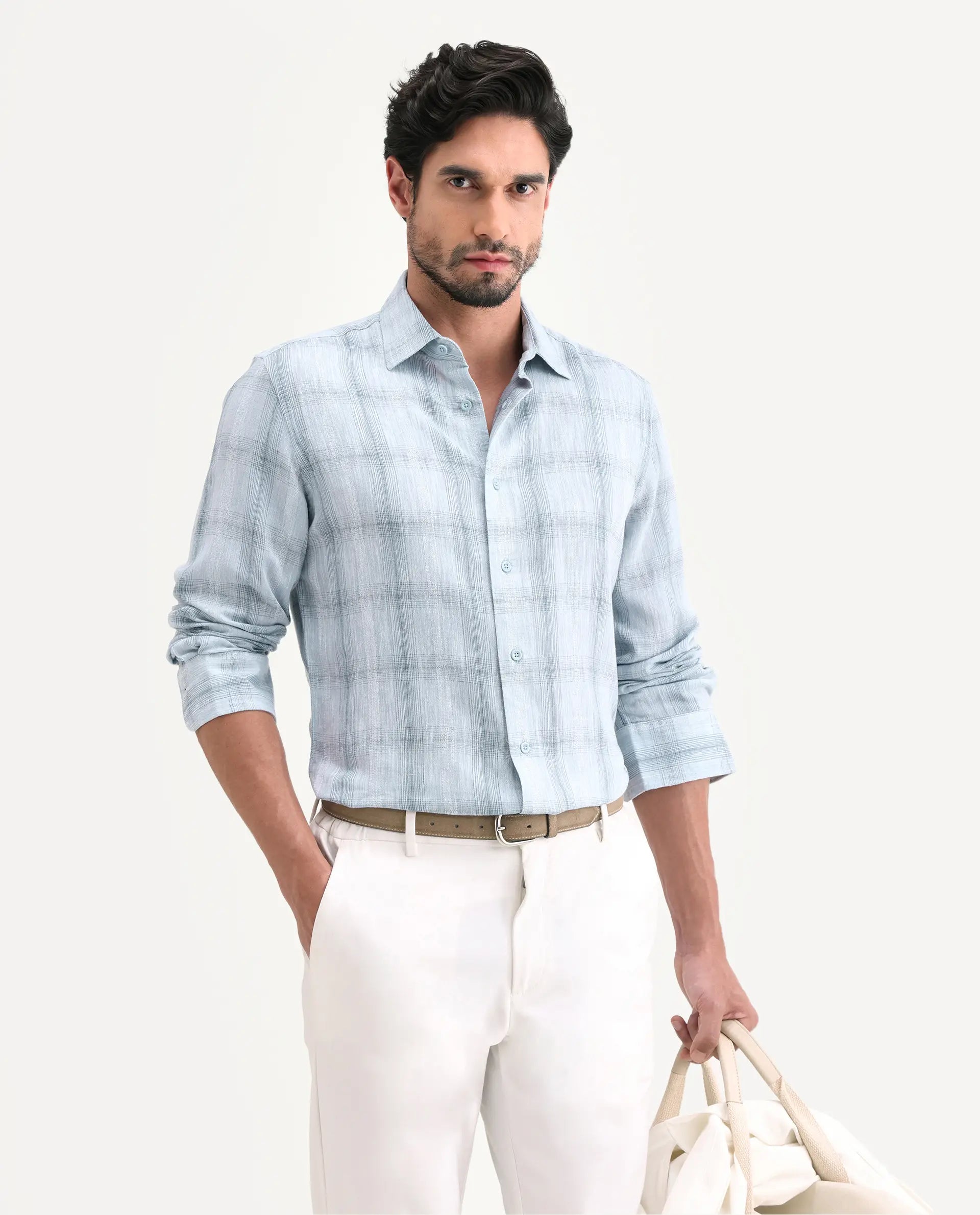 Rare Rabbit Men's Eamon-S26 Light Blue Linen Blend Full Sleeve Spread Collar Regular Fit Checked Shirt