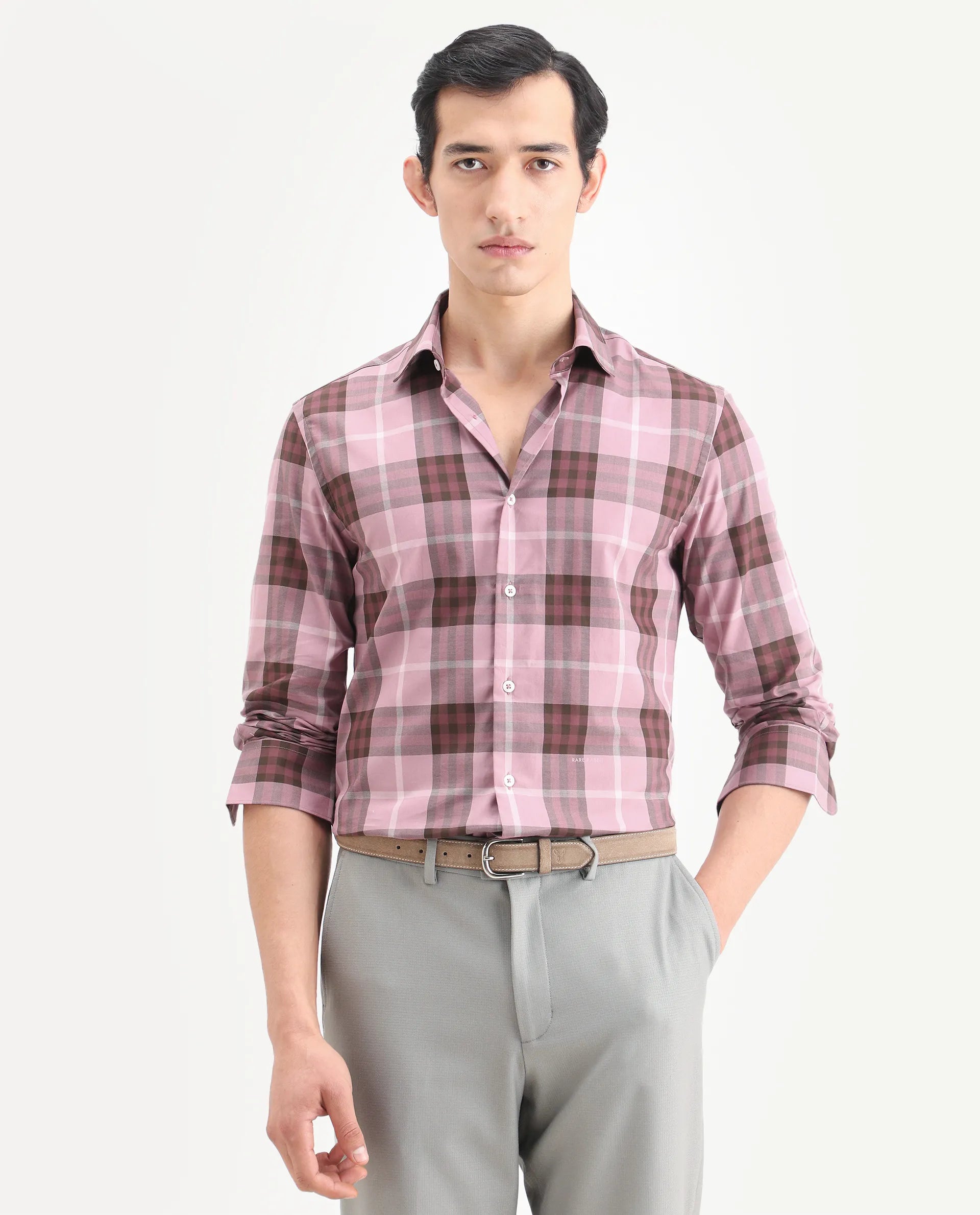 Rare Rabbit Men's Herti Pink Cotton Fabric Full Sleeve Spread Collar Regular Fit Checked Shirt